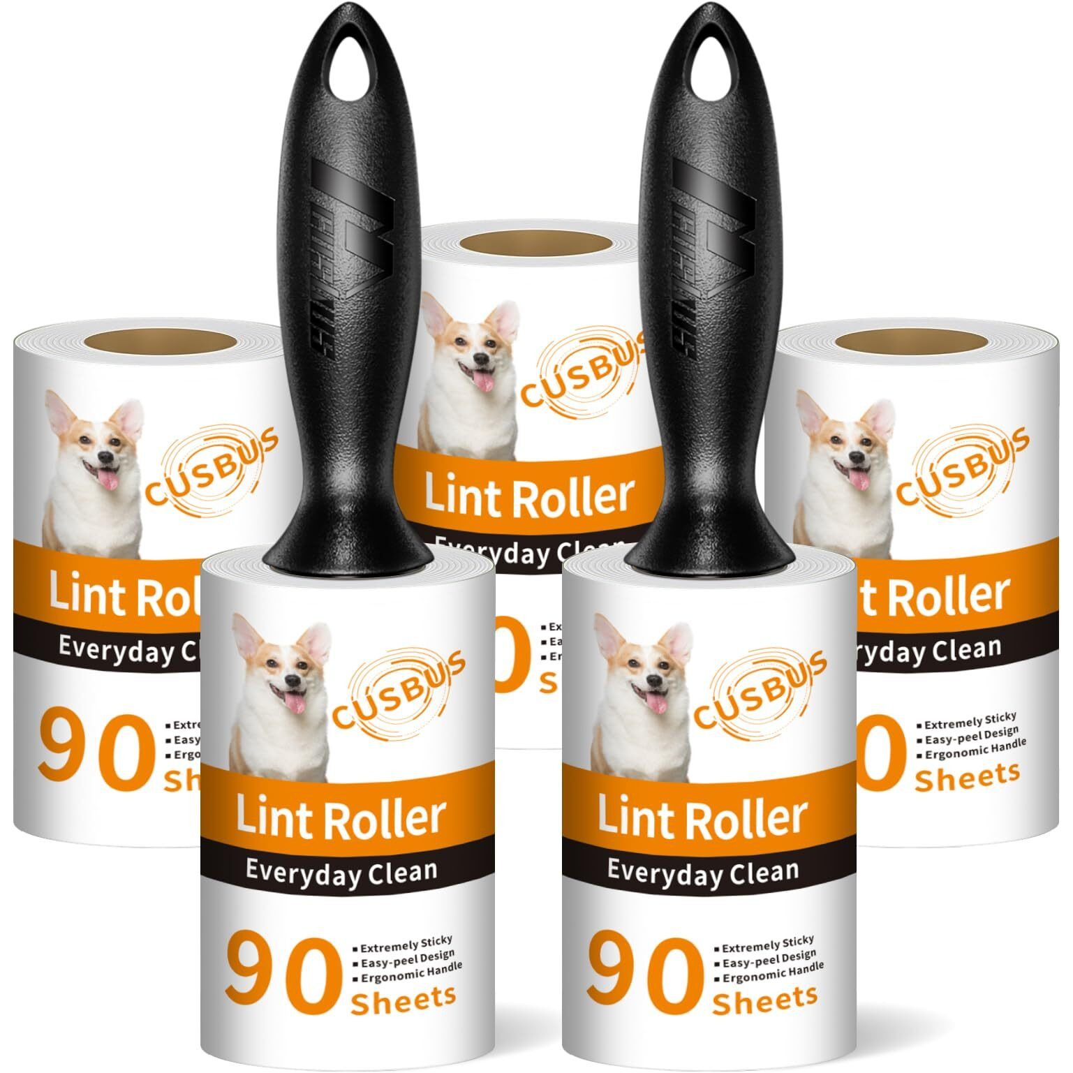 Cusbus Lint Rollers For Pet Hair Extra Sticky  [450 Sheets/5 Refills] Lint Roller With 2 Upgraded Handles  Portable Lint Remover Brush Pet Hair Remover For Dog & Cat Hair