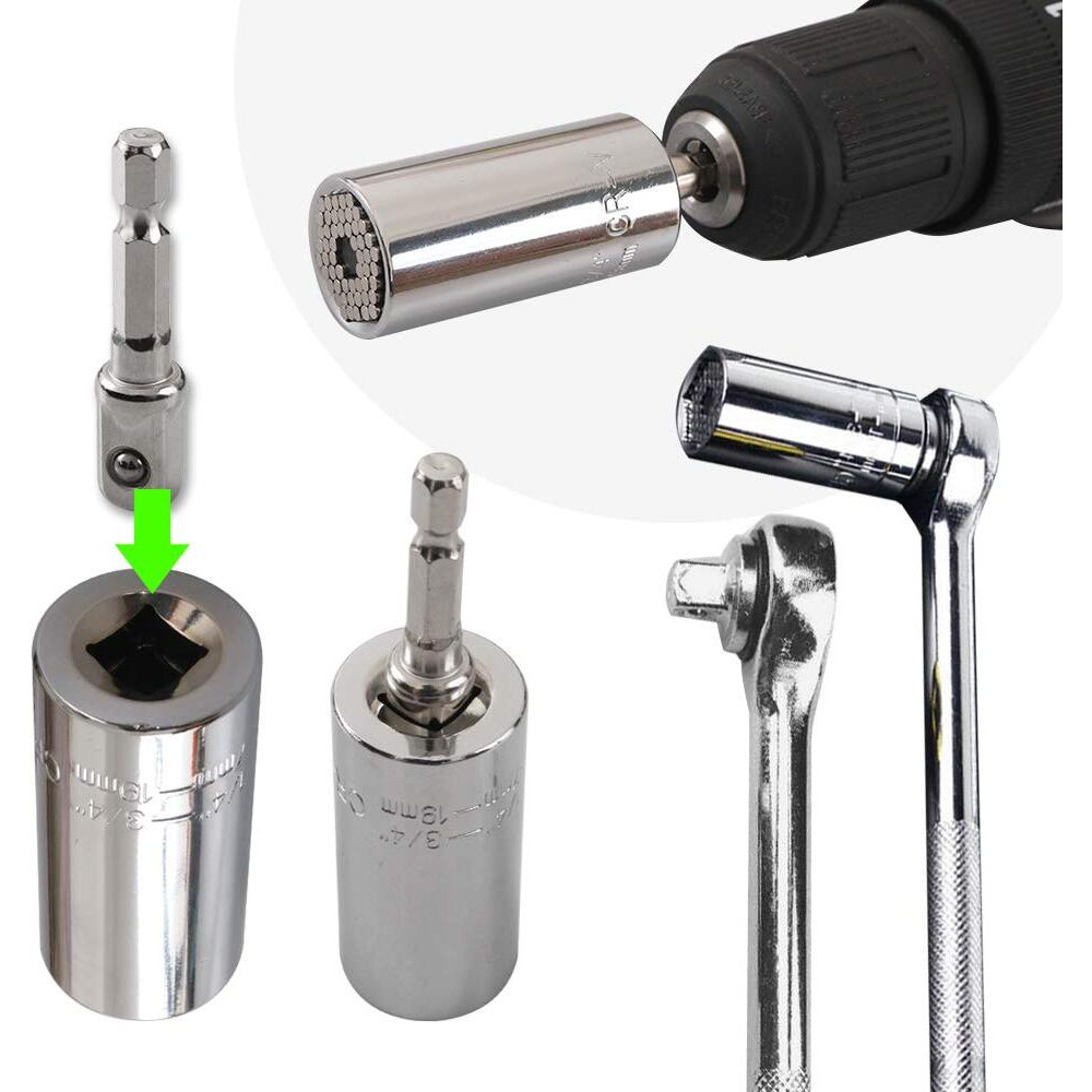 Cozihom Universal Socket Wrench  Self-Adjusting Socket Fits Standard 1/4''-3/4'' (7-19Mm) With Ratchet Wrench Power Drill Adapter  2Pcs 11.6'' Flexible Drill Bit Extension Shaft With Drill Bit Sets