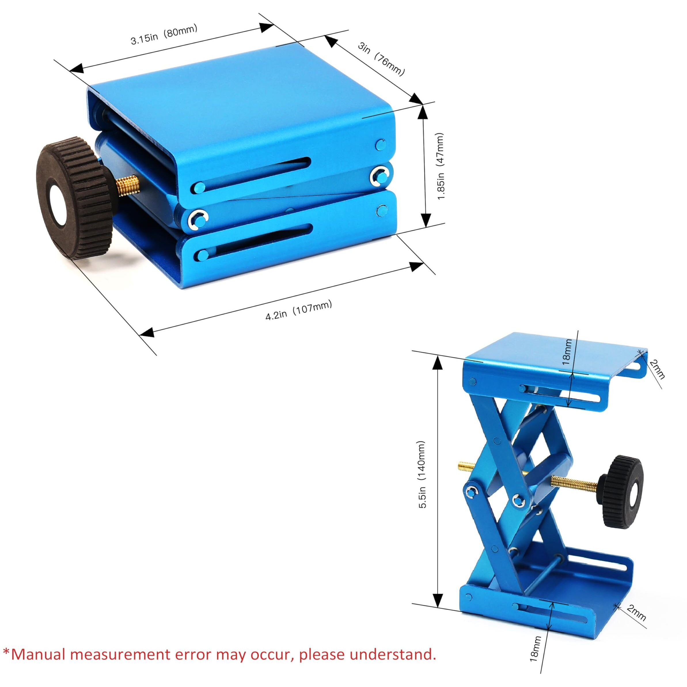 Maccx Lab Support Jack  Blue Color  Aluminum Table  Dim Of Platform 3.15 "&quotX3 ""  Max. Height Up To 5.5 ""  Lsj080-001