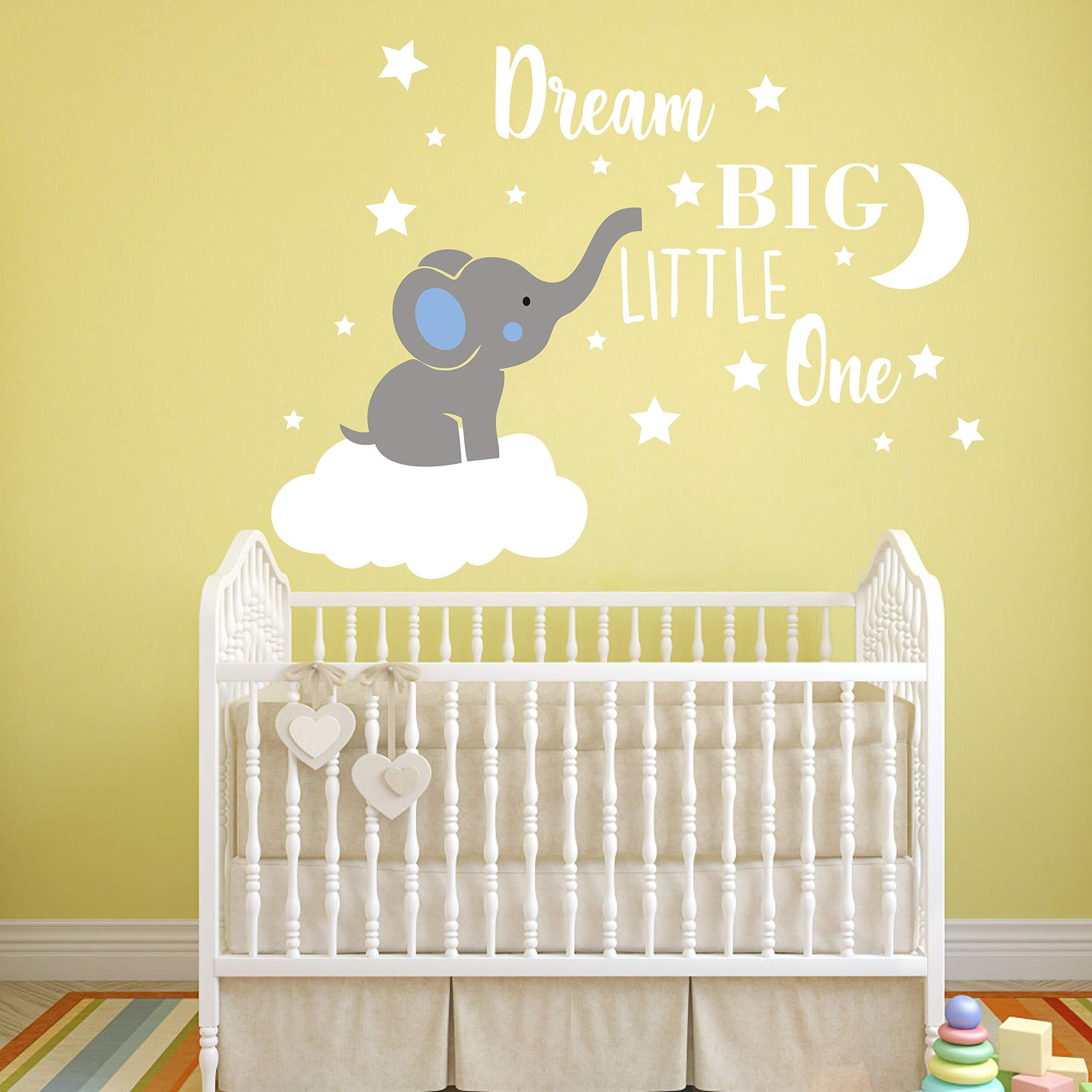 Dream Big Little One Elephant Wall Decal  Quote Wall Stickers  Baby Room Wall Decor  Vinyl Wall Decals For Children Baby Kids Boy Girl Bedroom Nursery Decor Y42 (Blue White(Boy))
