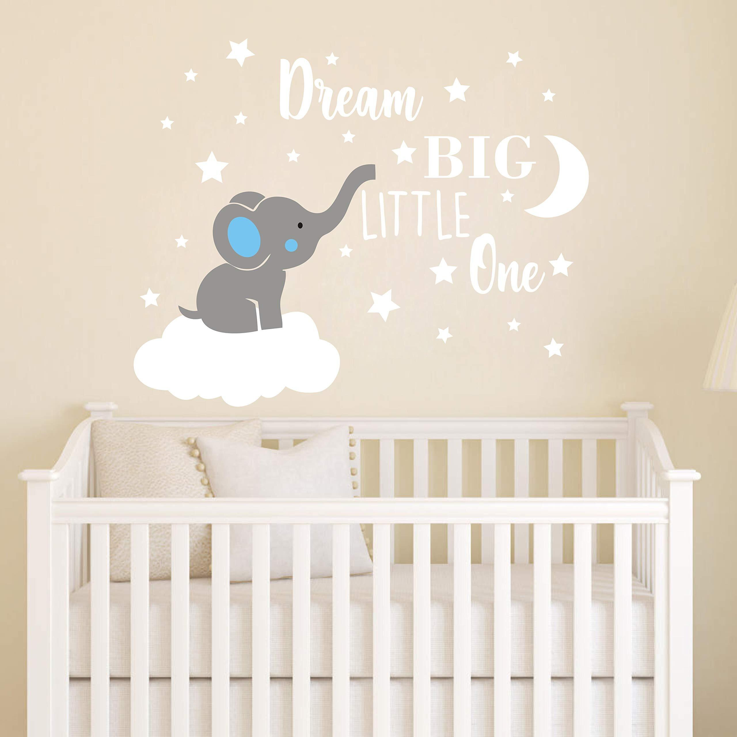 Dream Big Little One Elephant Wall Decal  Quote Wall Stickers  Baby Room Wall Decor  Vinyl Wall Decals For Children Baby Kids Boy Girl Bedroom Nursery Decor Y42 (Blue White(Boy))