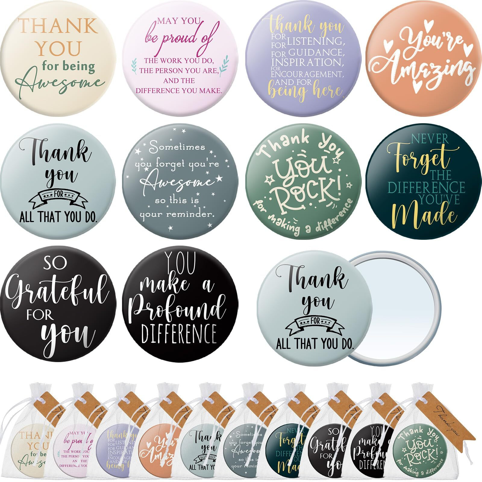 Thyle 30 Sets Employee Appreciation Gifts Inspirational Mini Mirror Bulk Compact Mirror With Thank You Tags Portable Makeup Pocket Purse Mirror For Women Coworker Party Team Gifts