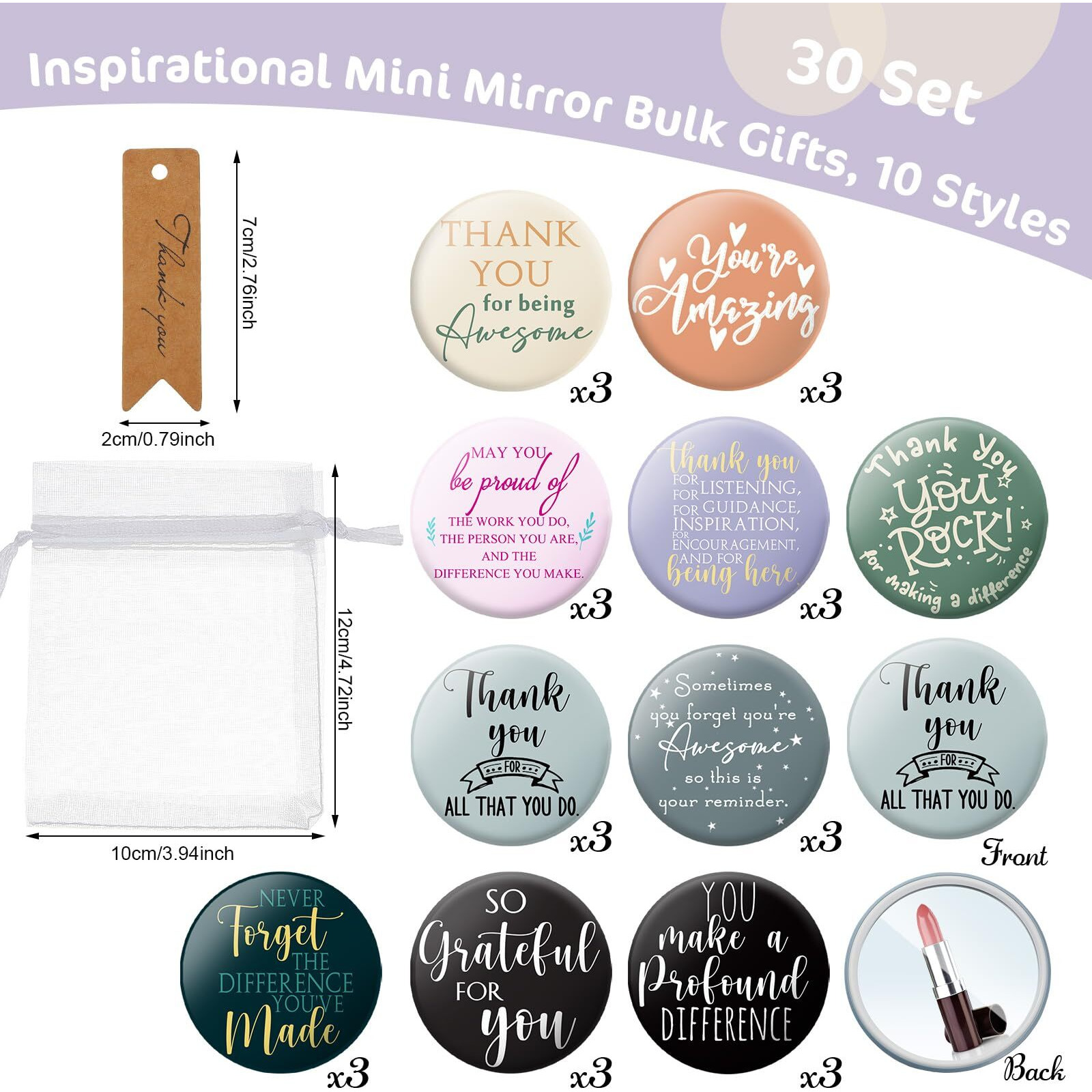 Thyle 30 Sets Employee Appreciation Gifts Inspirational Mini Mirror Bulk Compact Mirror With Thank You Tags Portable Makeup Pocket Purse Mirror For Women Coworker Party Team Gifts
