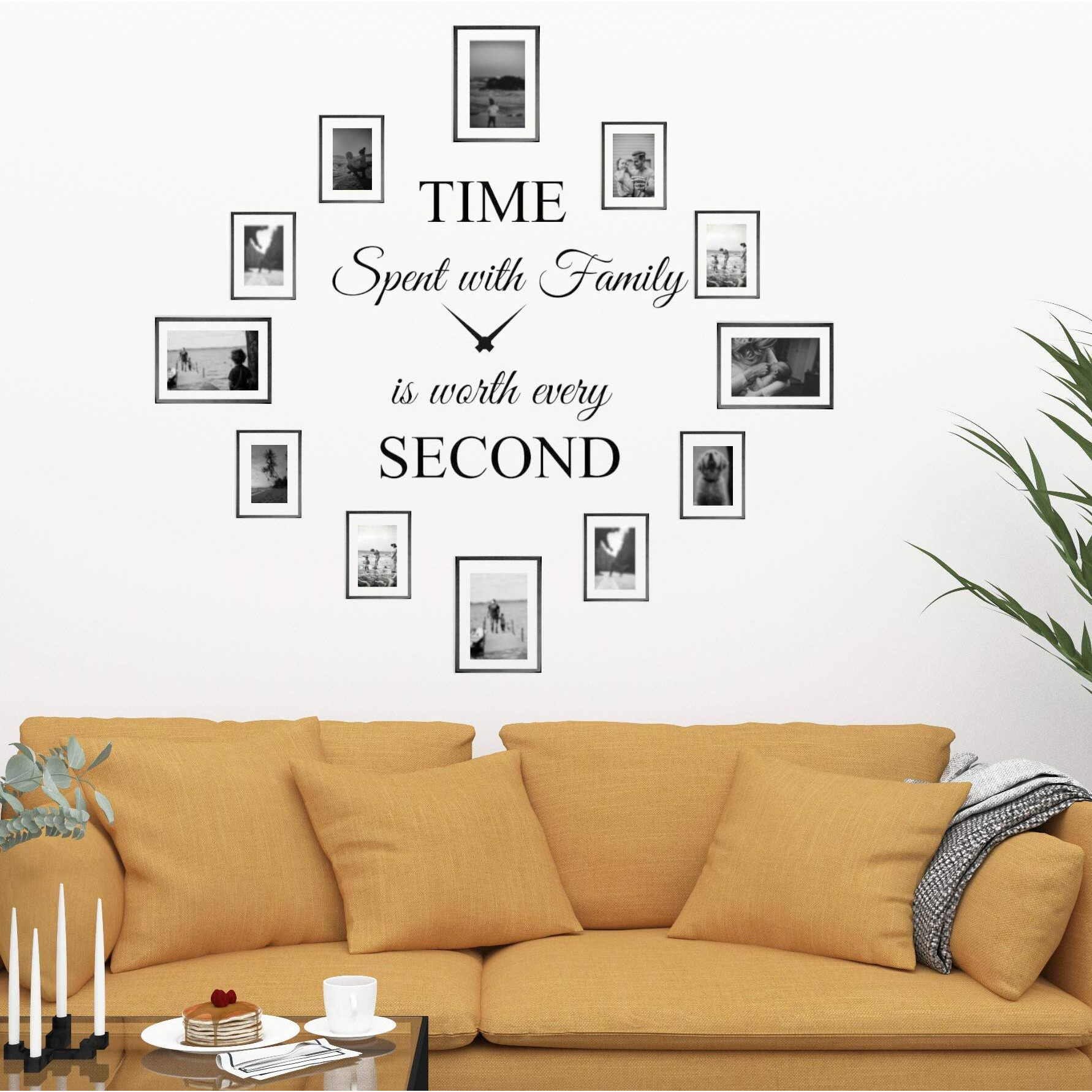 World Of Wall Decal Time Spent With Family Is Worth Every Second Wall Decal Decor Clock Family Quote Saying Vinyl Wall Art Diy The Photo Frames Are Not Included (22Wx22L) Matte Black