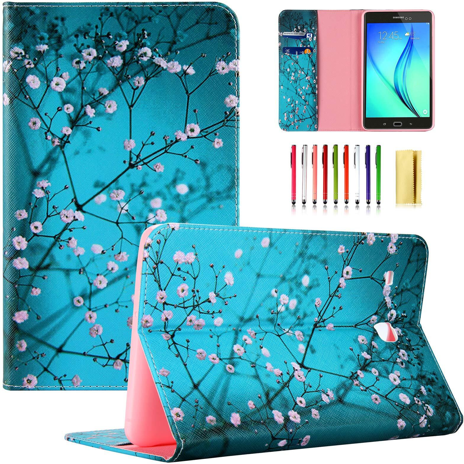 Uucovers T377 Tablet Case For Samsung Galaxy Tab E 8.0 Inch 2016 Model (Sm-T377A/T377V/T377P/T375/T378) Pu Leather Folio Stand Wallet Soft Tpu Back Shockproof Cover With Card Pocket  Pear Flower Blue