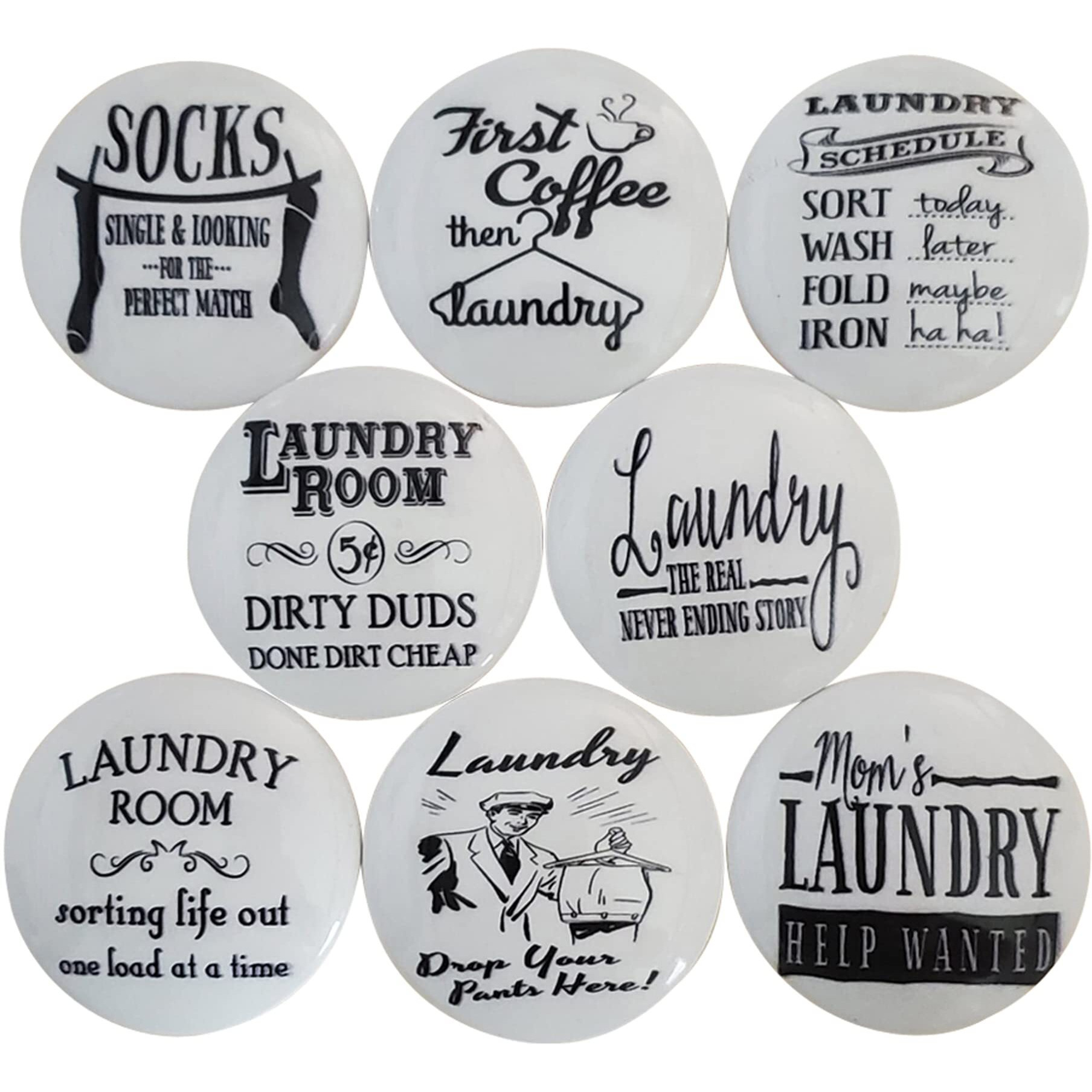 Twisted R Design Wooden Cabinet Knobs - Set Of 8 Round Cabinet Hardware Or Furniture Cabinet Handles Or Pulls With Glossy Finish - Black & White Laundry Room Drawer Knobs Design
