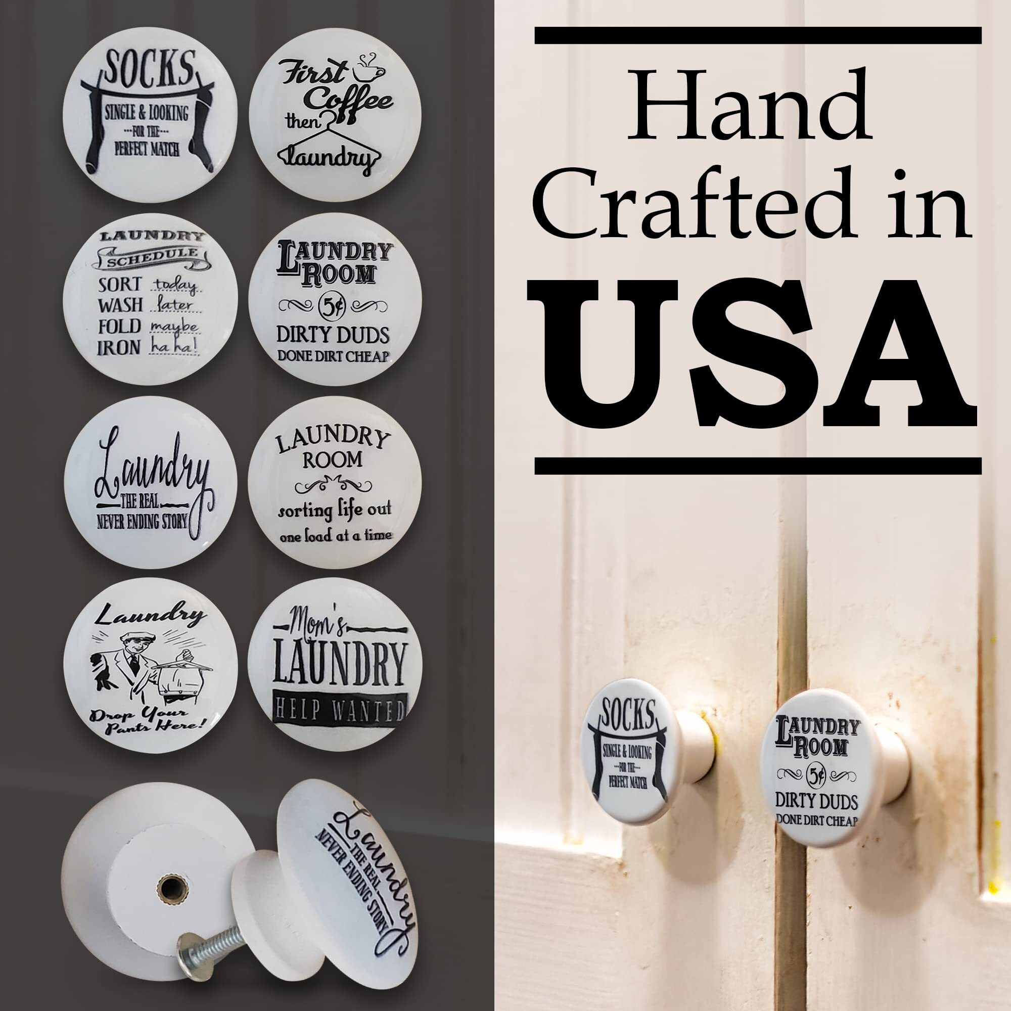 Twisted R Design Wooden Cabinet Knobs - Set Of 8 Round Cabinet Hardware Or Furniture Cabinet Handles Or Pulls With Glossy Finish - Black & White Laundry Room Drawer Knobs Design