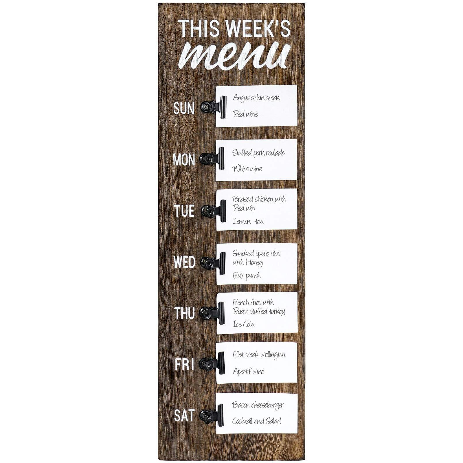 Dahey Menu Board For Kitchen Weekly Meal Planner Rustic Wood Board With Clips  Farmhouse Signs Wall Decor  Chalkboard Display Fridge Decor  Brown  Small