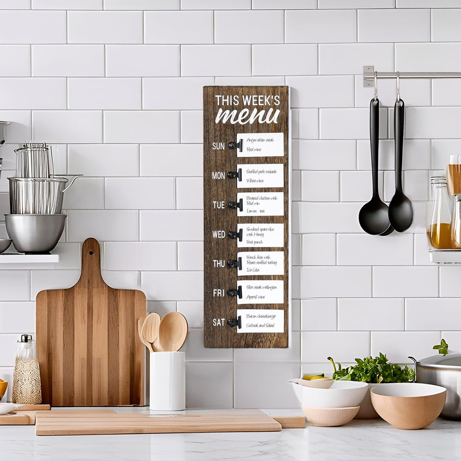Dahey Menu Board For Kitchen Weekly Meal Planner Rustic Wood Board With Clips  Farmhouse Signs Wall Decor  Chalkboard Display Fridge Decor  Brown  Small