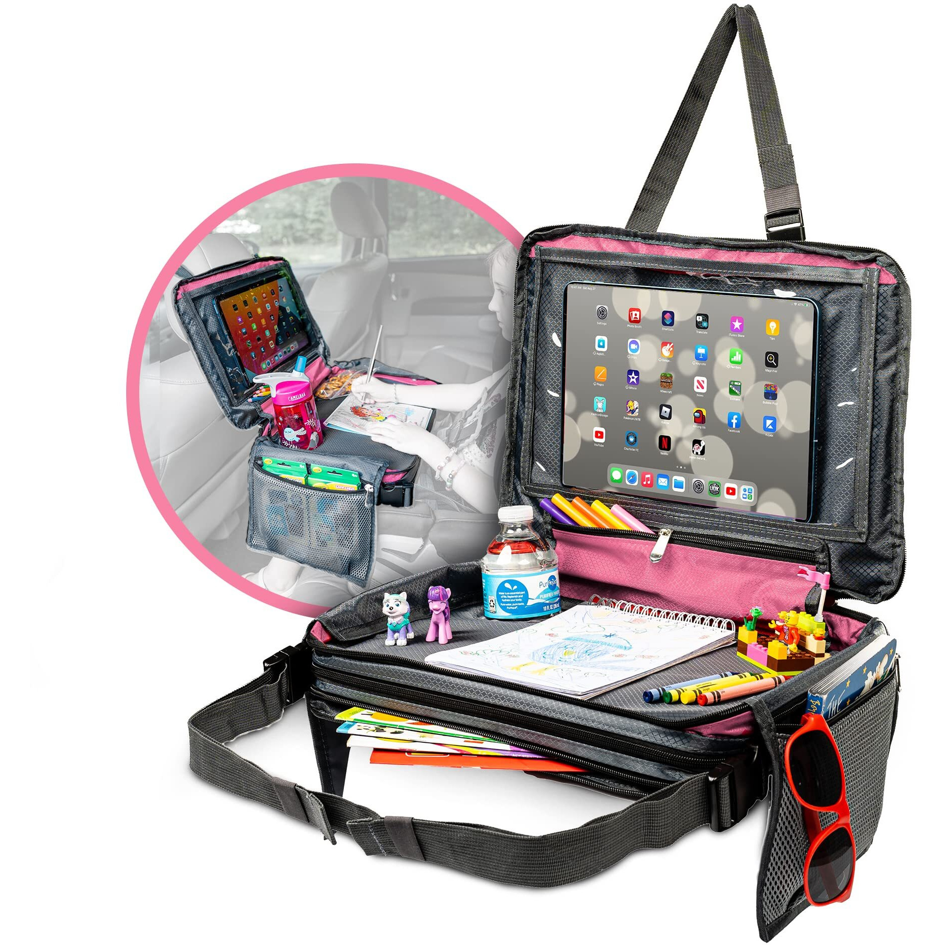 Be Family Travel Kids Car Seat Travel Tray  Car Accessories For Children  Car Seat Snack Tray  Traveling Essentials For Kids  Toddler Lap Tray For Engaging Activities  Multipurpose Design  Pink