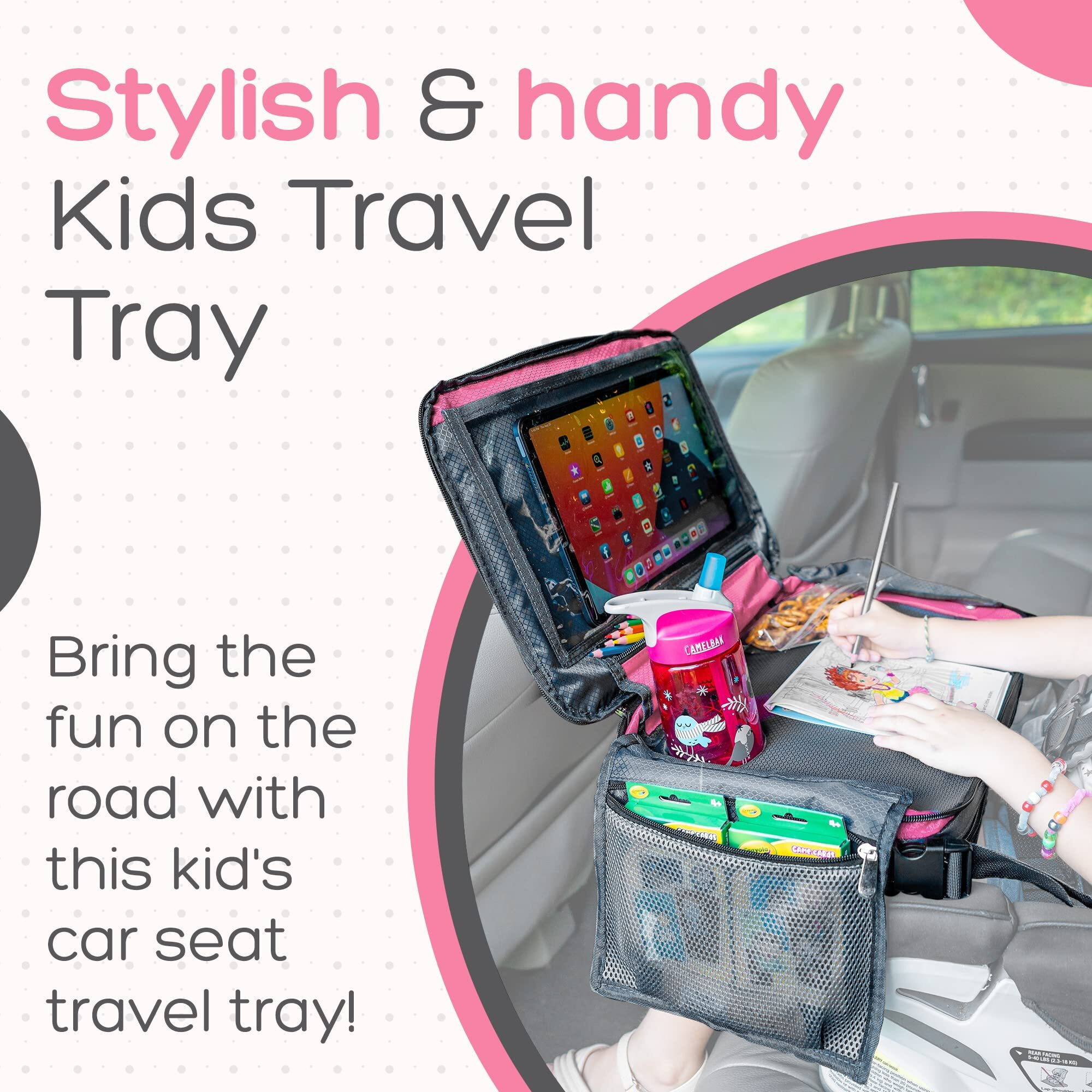 Be Family Travel Kids Car Seat Travel Tray  Car Accessories For Children  Car Seat Snack Tray  Traveling Essentials For Kids  Toddler Lap Tray For Engaging Activities  Multipurpose Design  Pink
