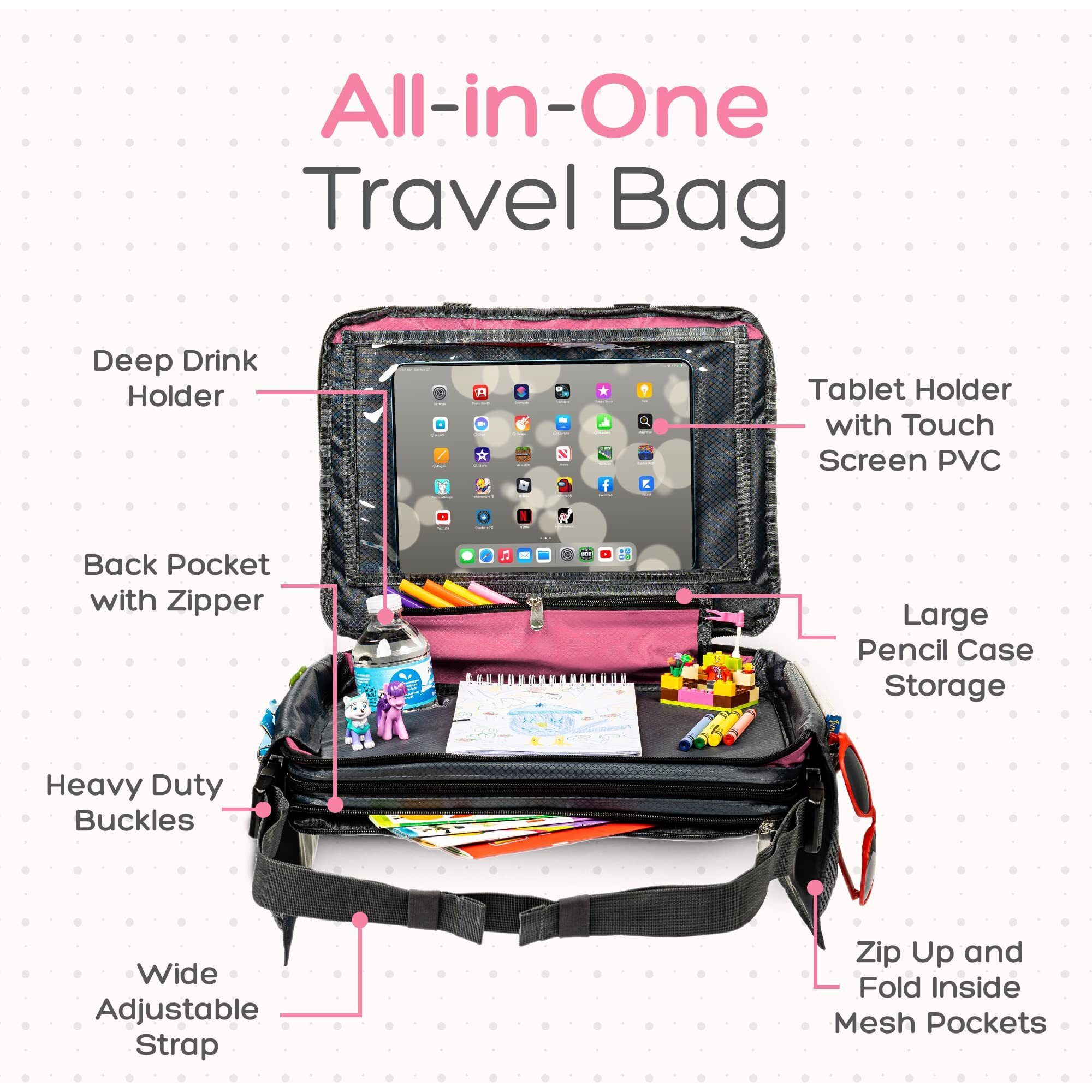 Be Family Travel Kids Car Seat Travel Tray  Car Accessories For Children  Car Seat Snack Tray  Traveling Essentials For Kids  Toddler Lap Tray For Engaging Activities  Multipurpose Design  Pink