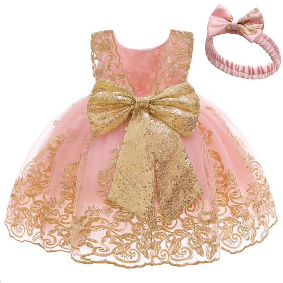 Baby Princess Girls Embroidery Dresses Toddler Lace Ruffles New Year Easter Tutu Dress With Headwear (Pink02 80)