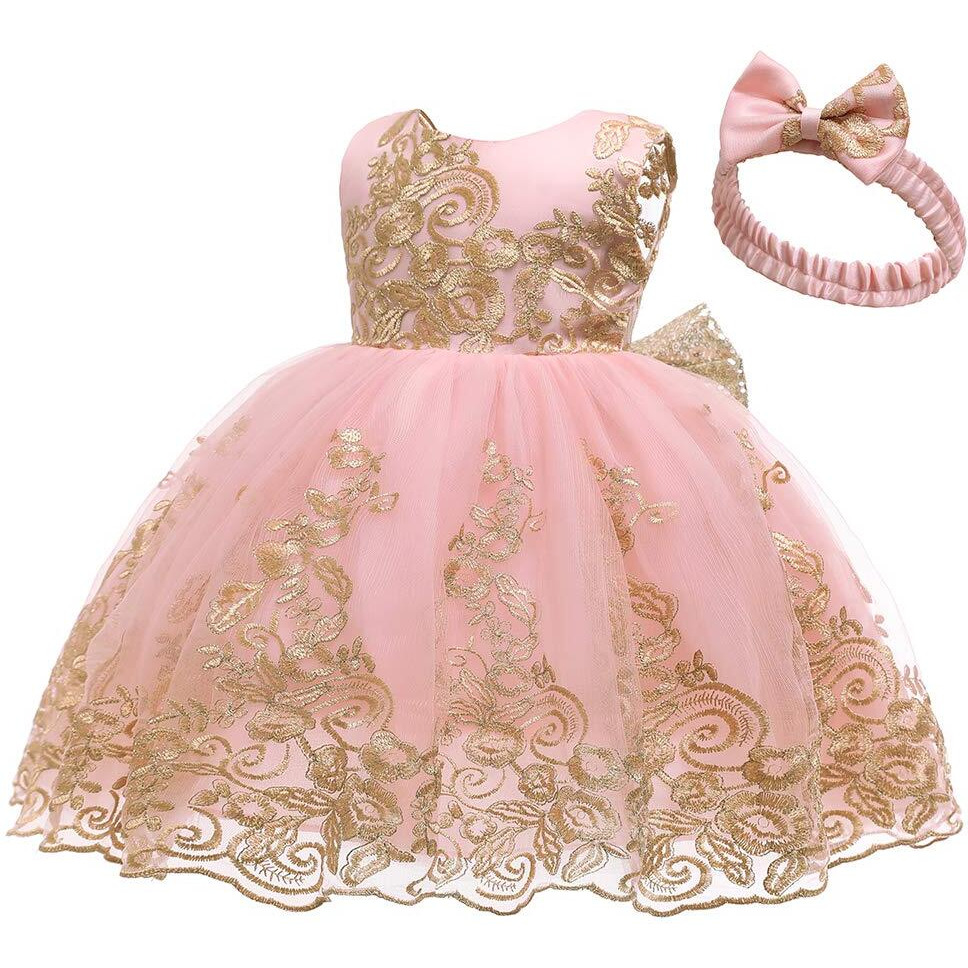 Baby Princess Girls Embroidery Dresses Toddler Lace Ruffles New Year Easter Tutu Dress With Headwear (Pink02 80)