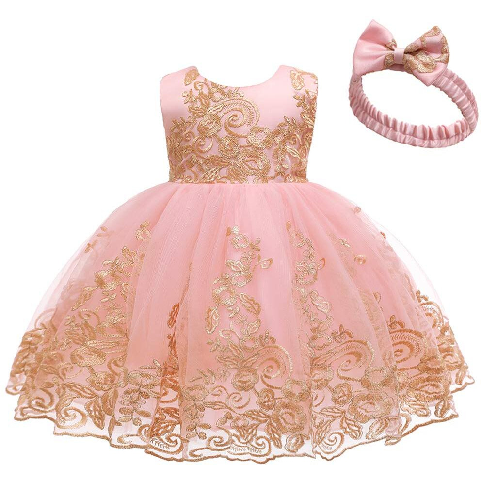 Baby Princess Girls Embroidery Dresses Toddler Lace Ruffles New Year Easter Tutu Dress With Headwear (Pink02 80)