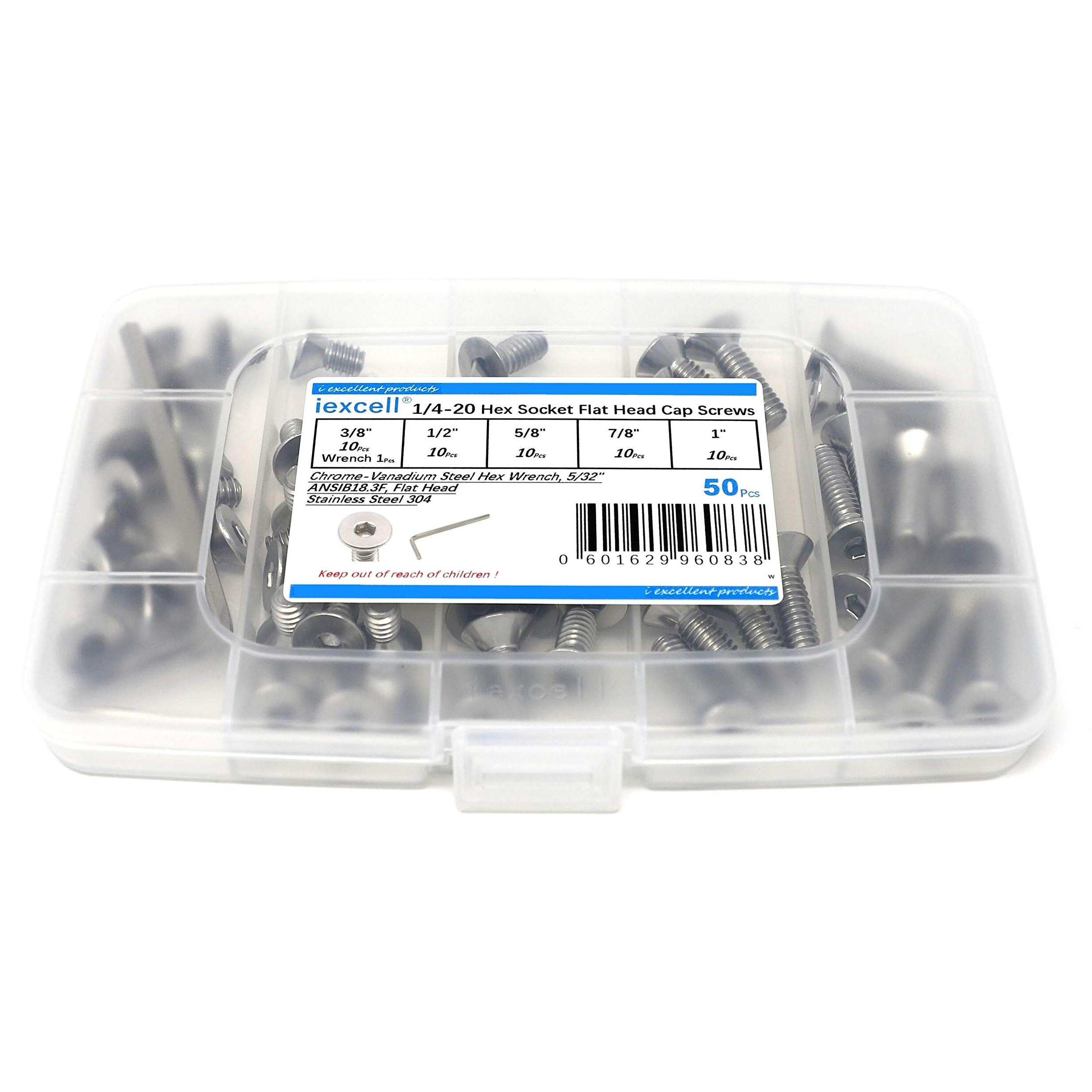 Iexcell 50 Pcs 1/4-20 X 3/8"" 1/2"" 5/8"" 7/8"" 1"" Stainless Steel 304 Hex Socket Flat Head Cap Screws Hex Key Kit