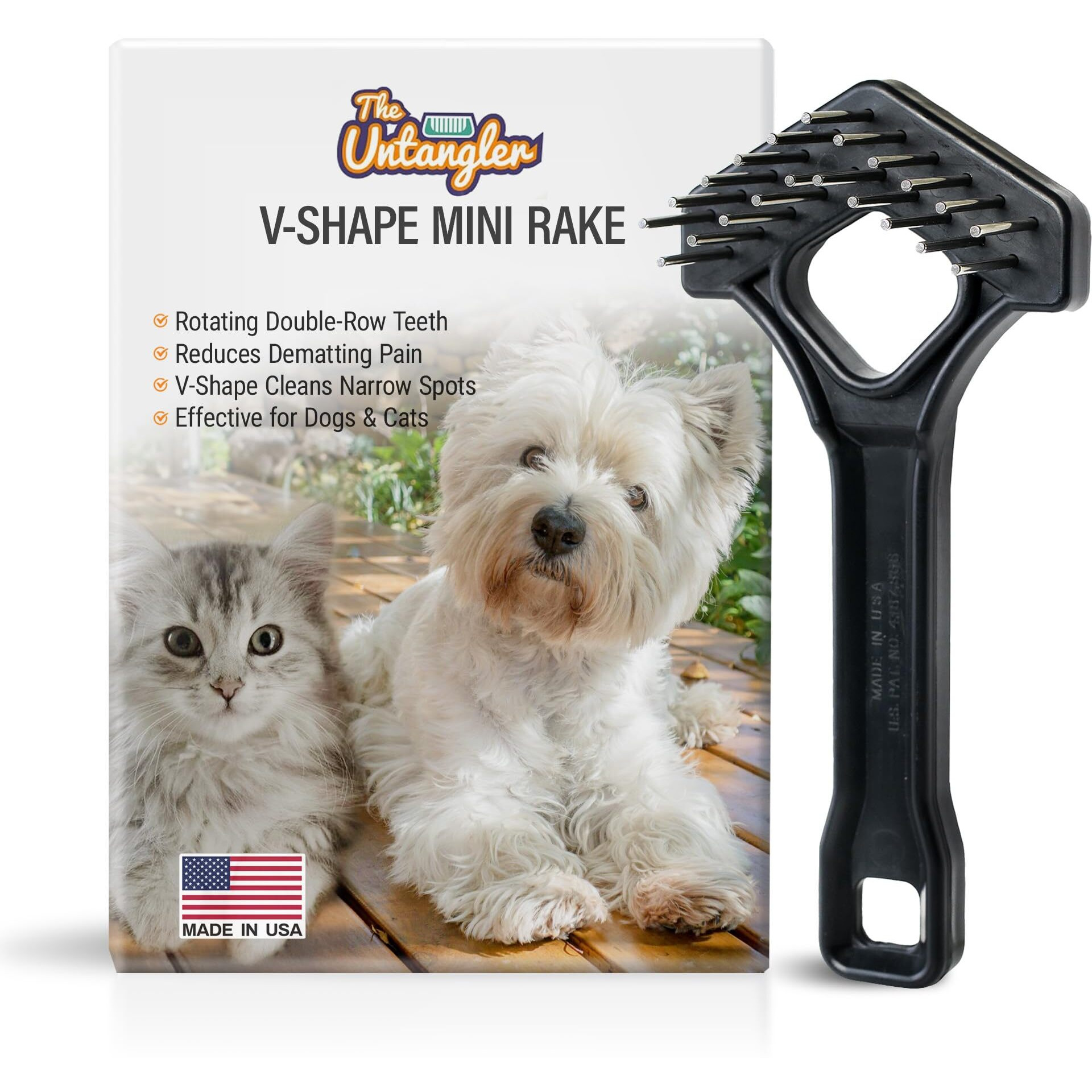 Mini-Rake V-Shape Double Row Rotating Teeth Demats And Grooms Dogs And Cats