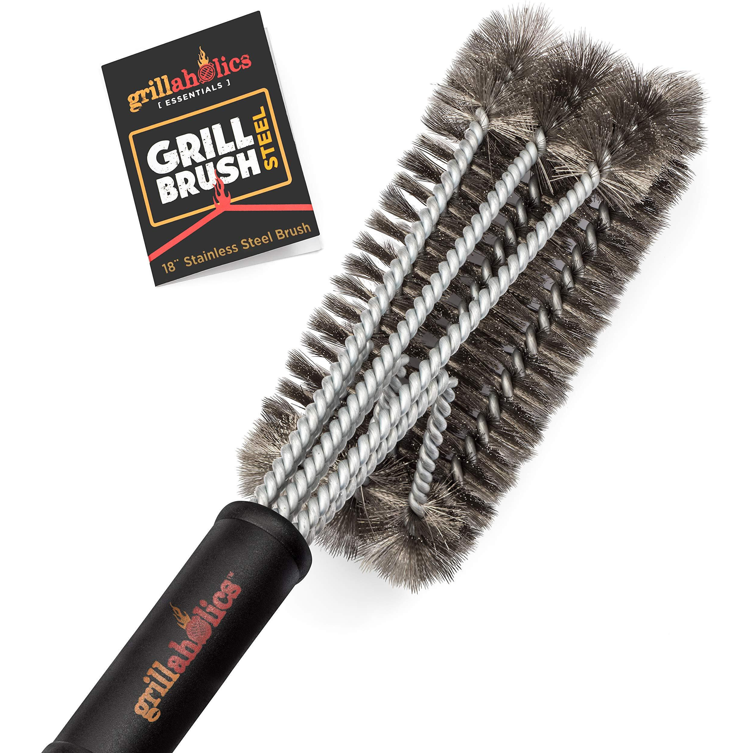 Grillaholics Essentials Grill Brush Steel - Triple Machine Tested For Safety - Stainless Steel Wire Grill Brush For Deep Grill Cleaning - Lifetime Manufacturers Warranty