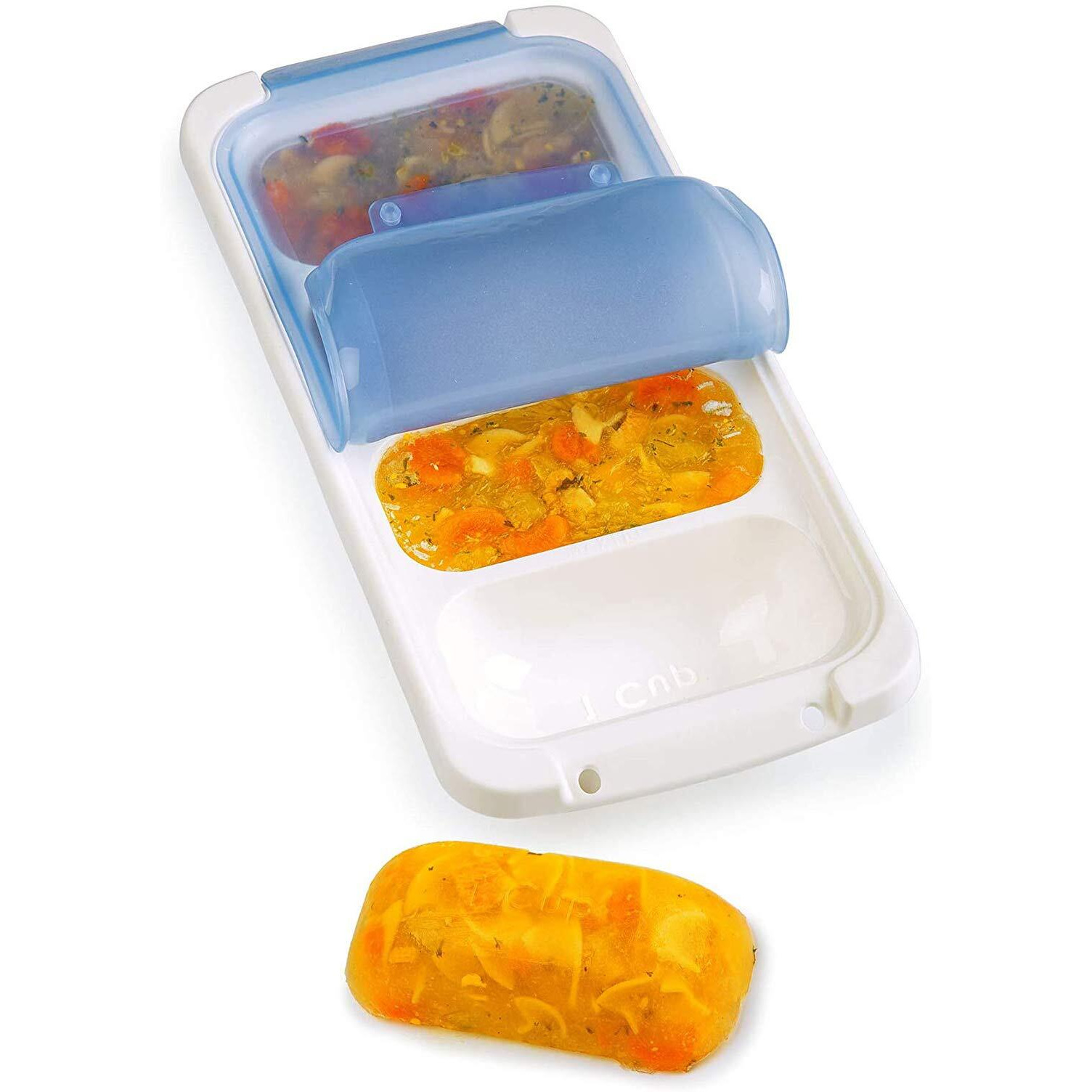Prepworks Pks-725 Dishwasher Safe 1 Cup 4 Serving Leftover Soup & Food Storage Freezer Pod Tray With Silicone Lid  Blue & White