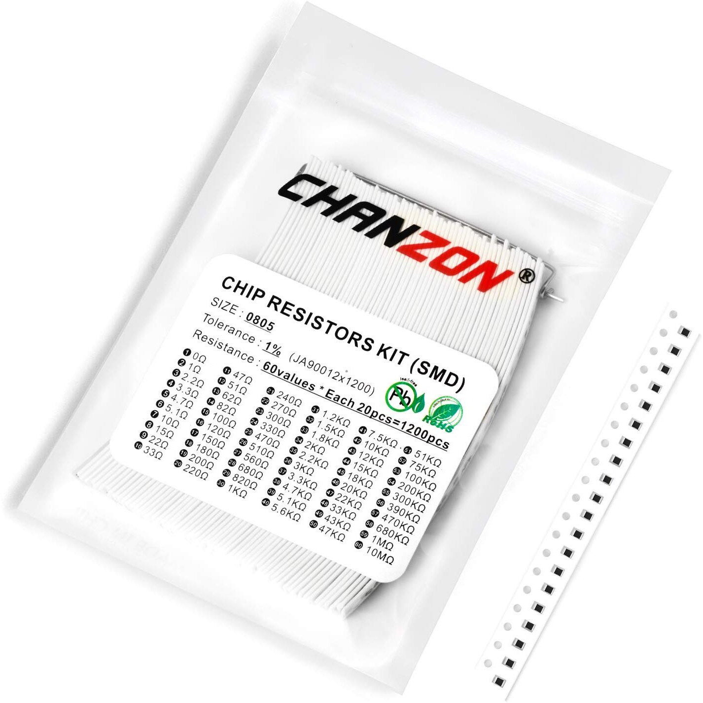 Chanzon 1200Pcs 0805 Smd Resistor Kit 0-10M O Ohm 60 Values (Each Value 20Pcs) 1/8W 0.125W 1% Tolerance Thick Film 0-10Mr Smt Chip Resistors Rohs Certificated