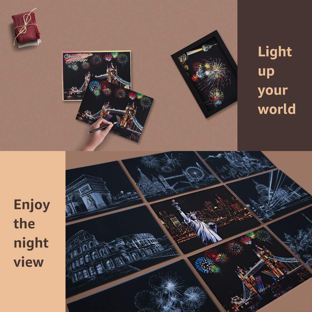 Magic Scratch Art Paper(7.9"&quotX5.5"") Rainbow Landscape Engraving Art Mini Scratchboard Diy Pads For Adults And Kids  Crafts Set 12 Sheets Scratch Postcard Cards & Drawing Pens  Brush (Building Series)