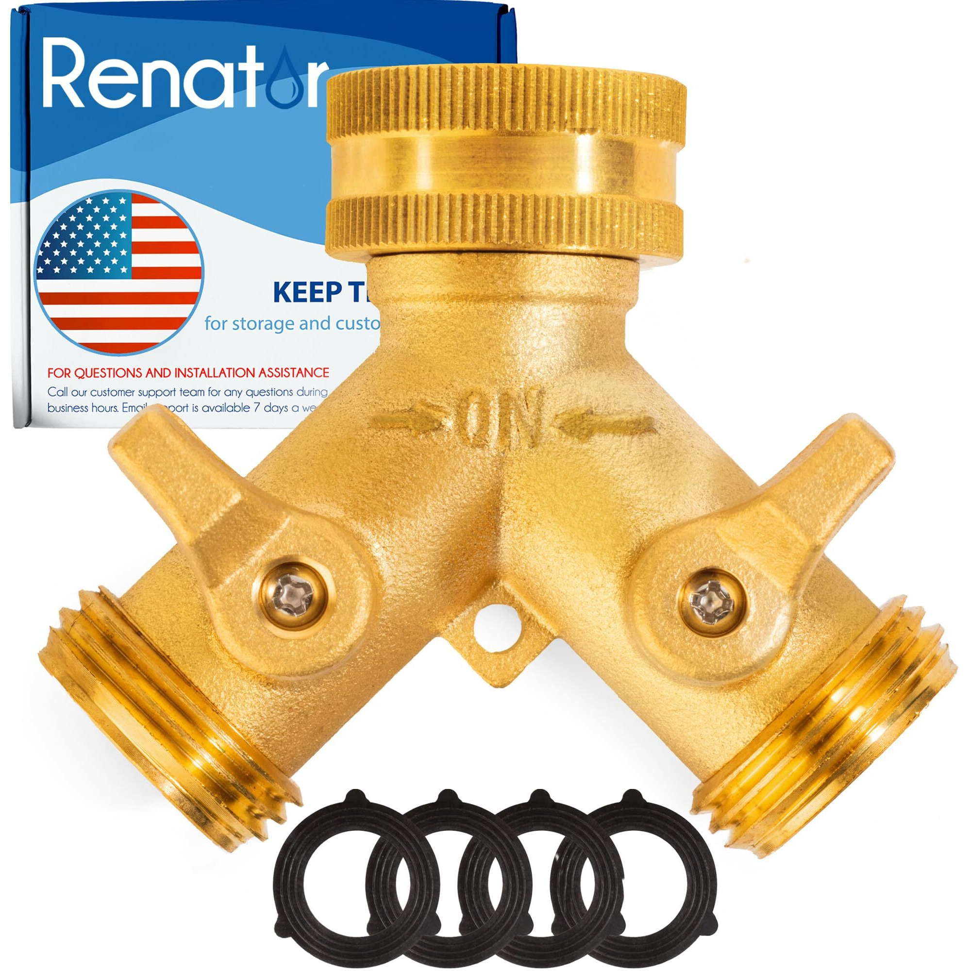 Renator Garden Hose Splitter  2 Way Heavy Duty Brass Water Hose Splitter  Faucet Spigot Y Splitter For Outdoor Use Double Valve Adapter Plus 2 Rubber Washers & Tape  Double Connector