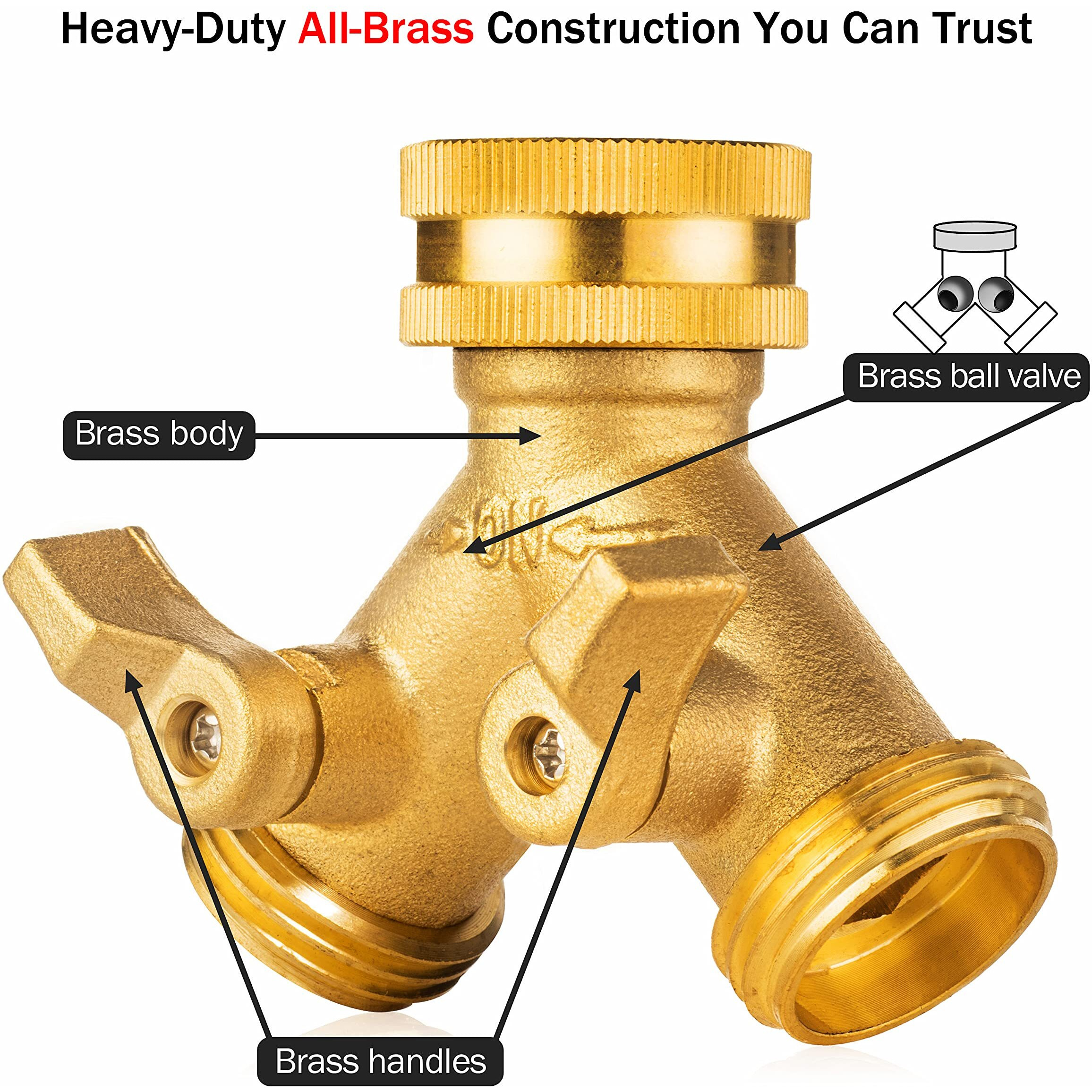 Renator Garden Hose Splitter  2 Way Heavy Duty Brass Water Hose Splitter  Faucet Spigot Y Splitter For Outdoor Use Double Valve Adapter Plus 2 Rubber Washers & Tape  Double Connector