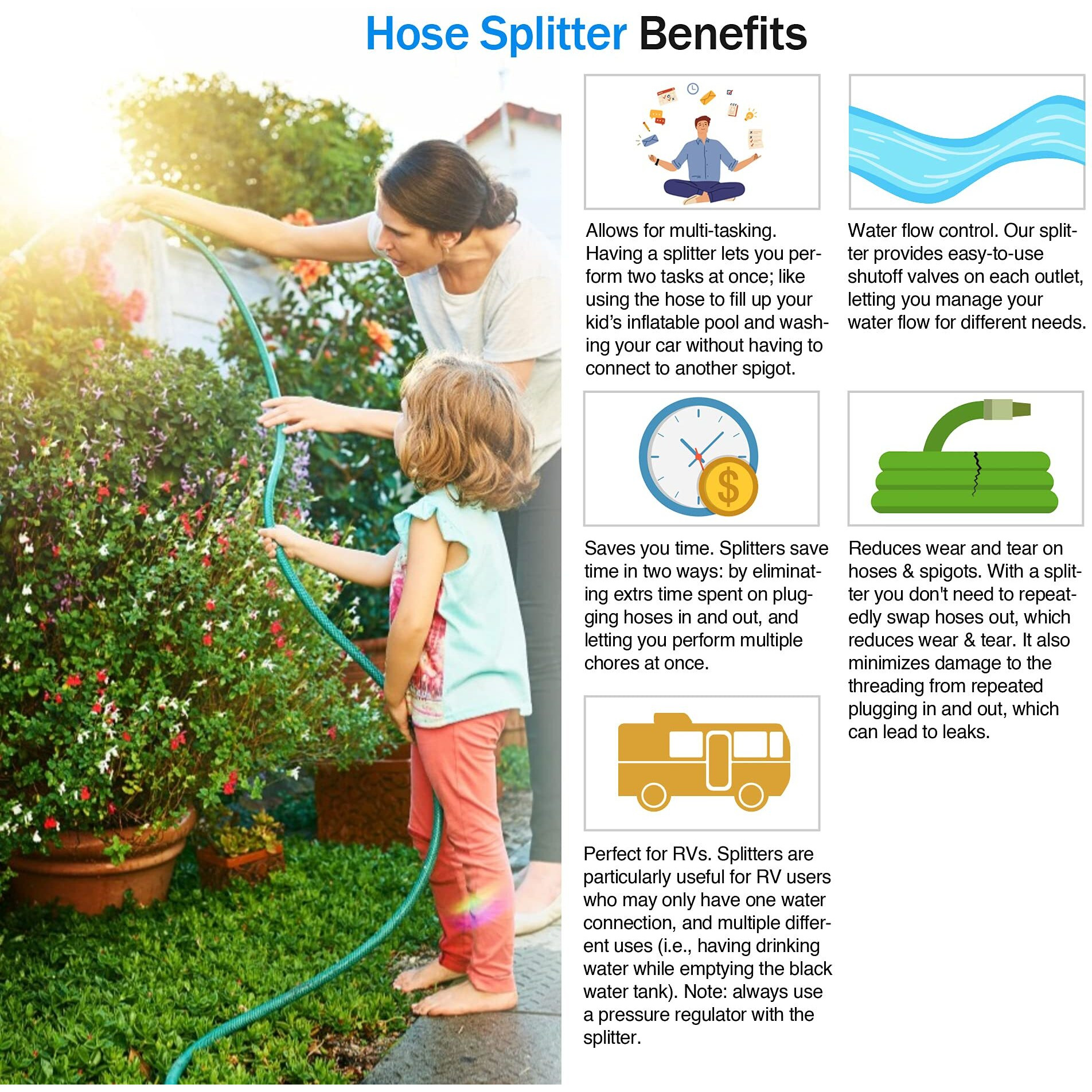 Renator Garden Hose Splitter  2 Way Heavy Duty Brass Water Hose Splitter  Faucet Spigot Y Splitter For Outdoor Use Double Valve Adapter Plus 2 Rubber Washers & Tape  Double Connector