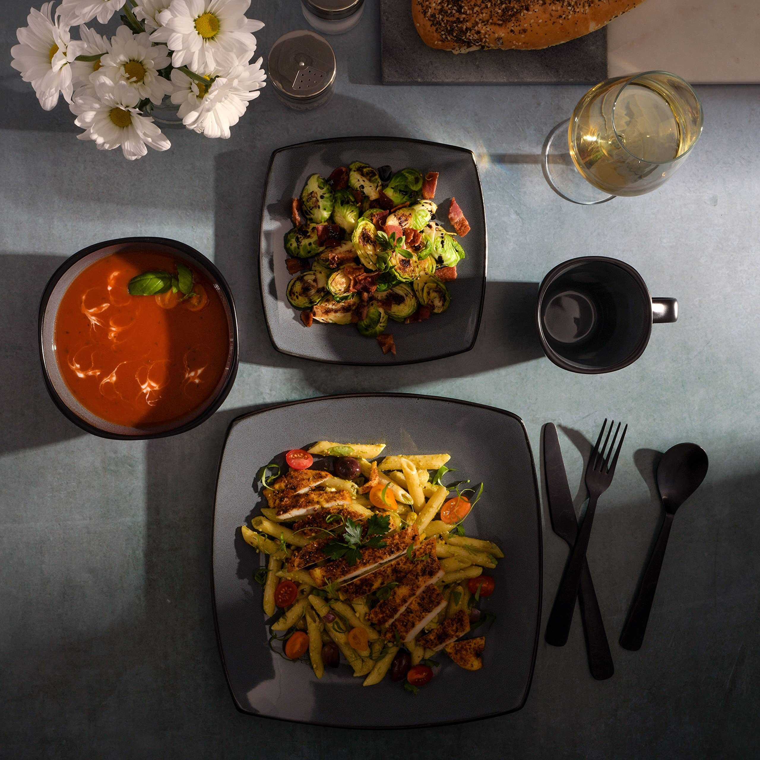 Gibson Soho Lounge Square Reactive Glaze Stoneware Dinnerware Set  Service For 4 (16Pc)  Eclipse