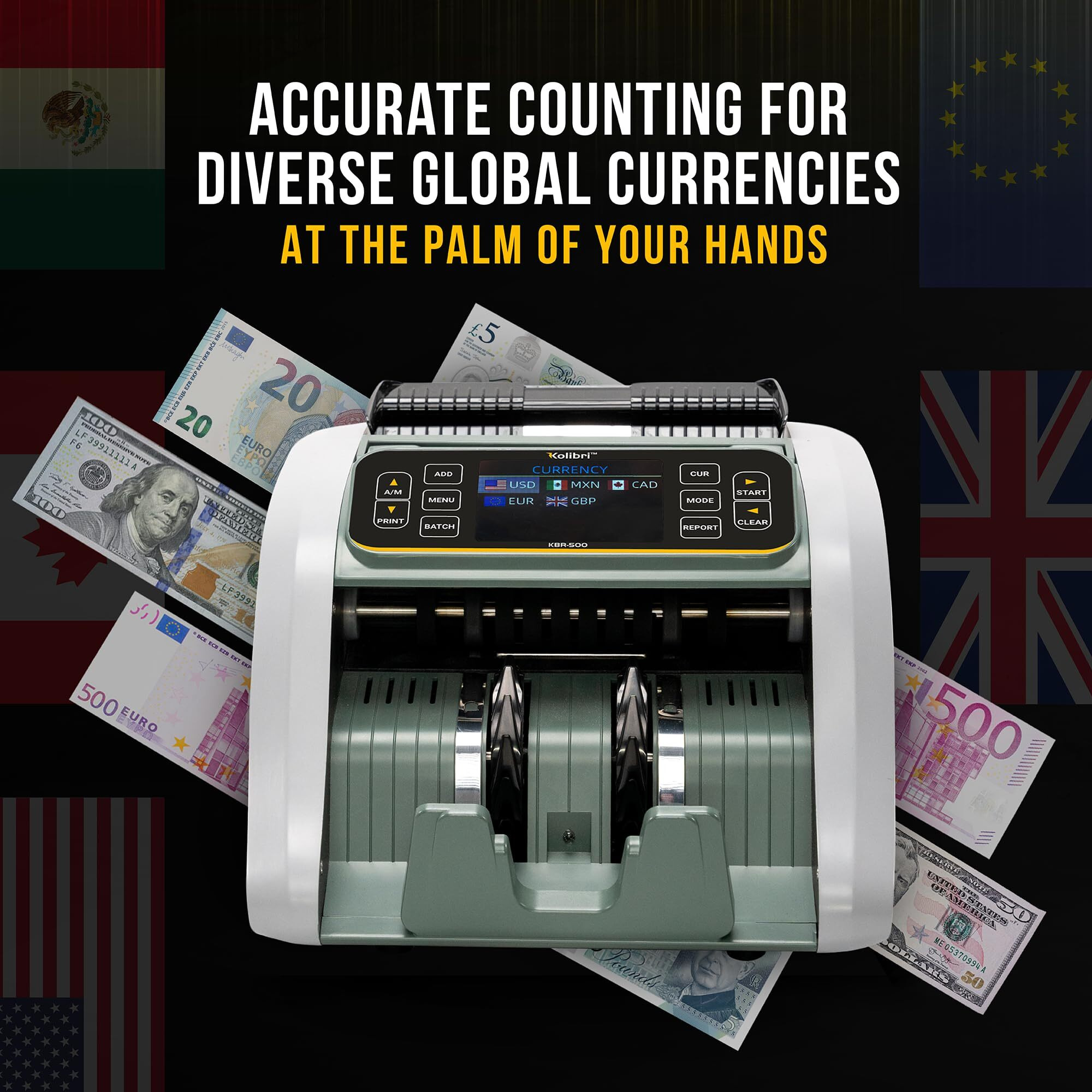 Kolibri Kbr-500 Money Counter Machine Mixed Denomination | Business Grade Cash Counter Machine W/Advanced Ir/Uv/Mg/Mt/Counterfeit Detection  Multi-Currency (Usd Cad Mxn Gbp Eur)