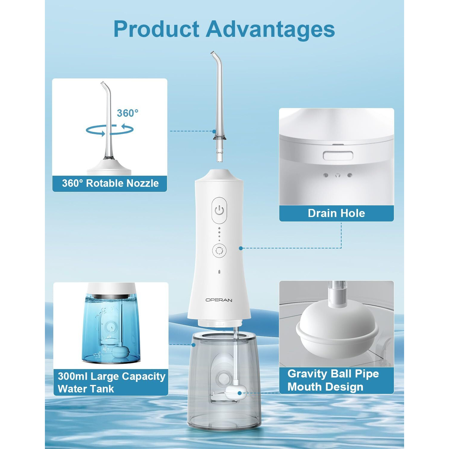 Operan Water Flossers For Teeth Cleaning Upgraded 300Ml Cordless Water Dental Flossers Portable Rechargeable Oral Irrigator With 4 Modes 4 Jet Tips Ipx7 Waterproof Water Floss For Home Travel (White)