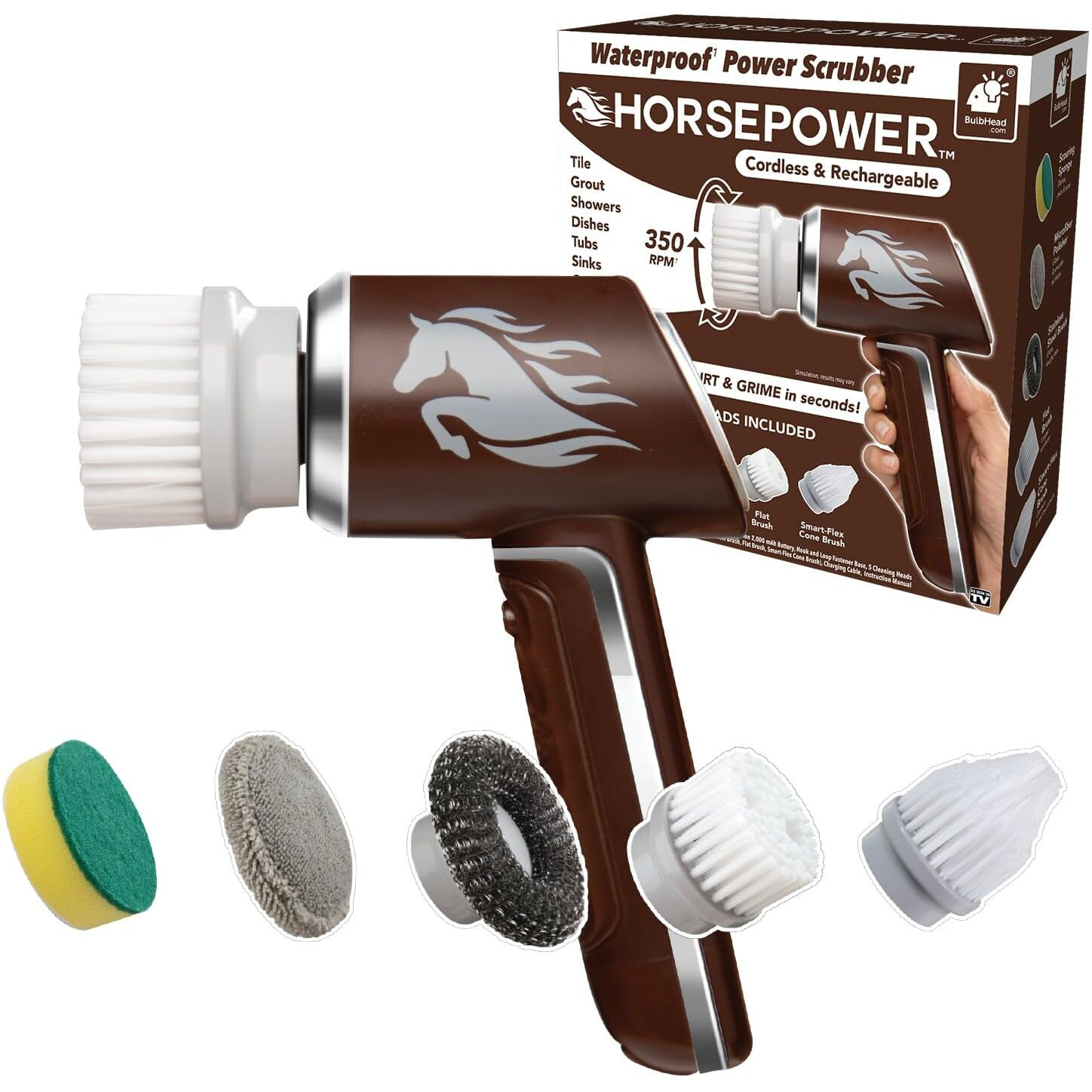 Horsepower Scrubber  Waterproof  Electric Power  Spins 350 Rpm  5 Brush Heads  As-Seen-On-Tv  Cleans Dirt & Grime  Tile  Grout  Bathrooms  Kitchen  Auto Rims  Outdoor Furniture & More  Rechargeable