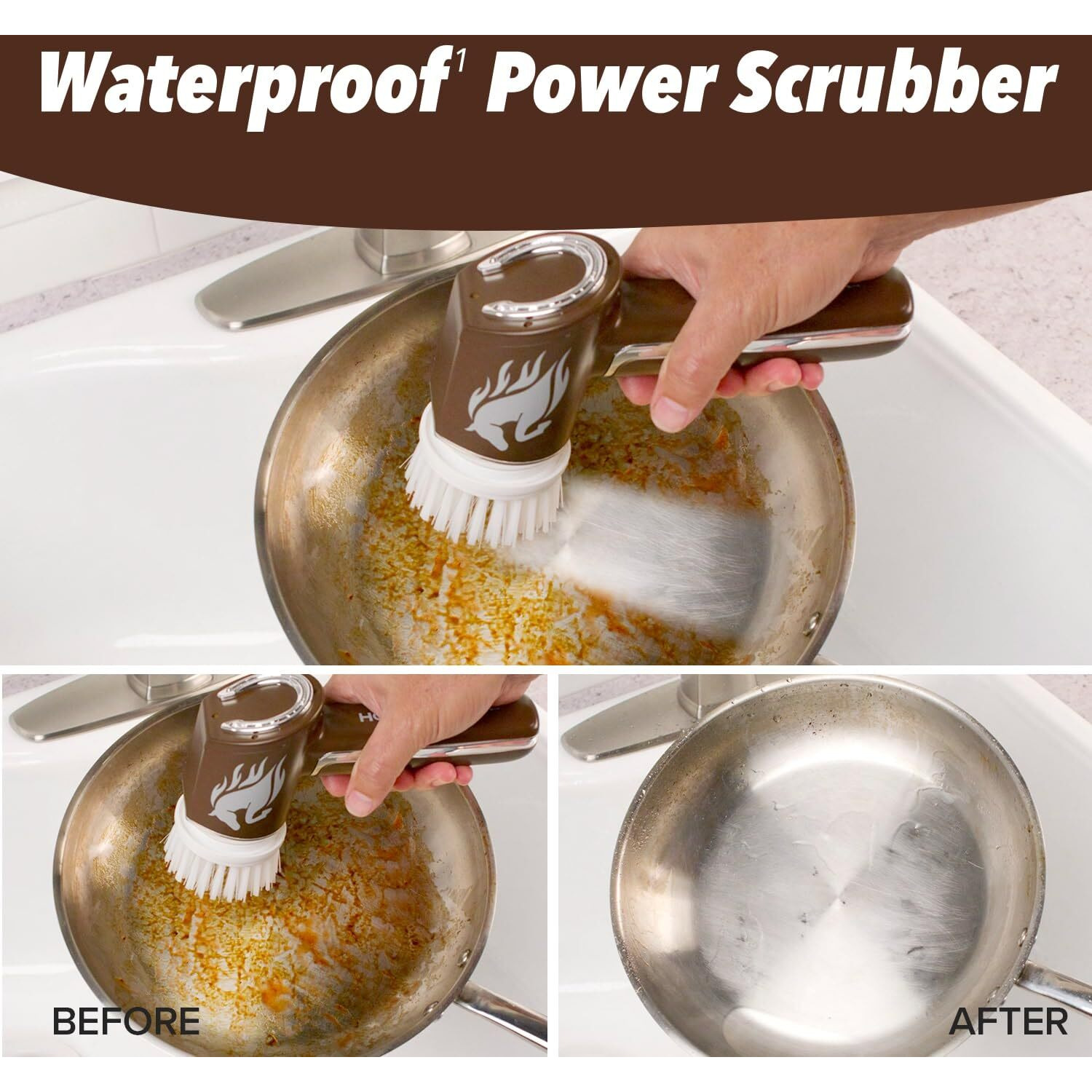 Horsepower Scrubber  Waterproof  Electric Power  Spins 350 Rpm  5 Brush Heads  As-Seen-On-Tv  Cleans Dirt & Grime  Tile  Grout  Bathrooms  Kitchen  Auto Rims  Outdoor Furniture & More  Rechargeable