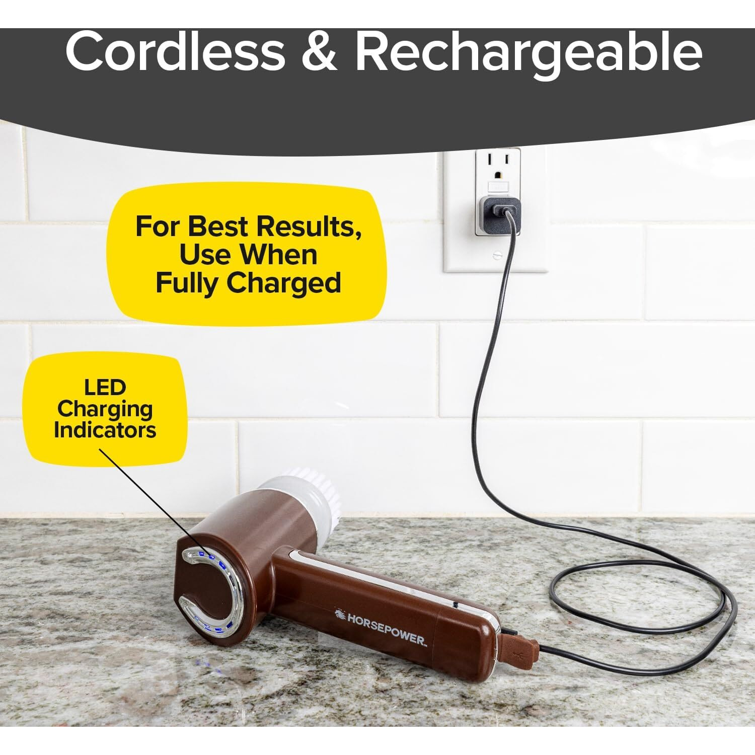 Horsepower Scrubber  Waterproof  Electric Power  Spins 350 Rpm  5 Brush Heads  As-Seen-On-Tv  Cleans Dirt & Grime  Tile  Grout  Bathrooms  Kitchen  Auto Rims  Outdoor Furniture & More  Rechargeable