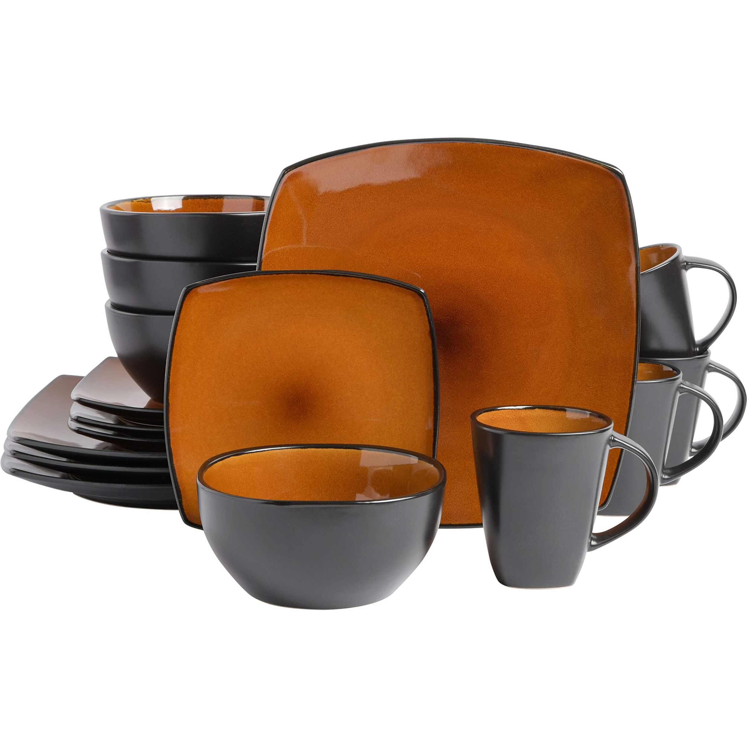 Gibson Soho Lounge Square Reactive Glaze Stoneware Dinnerware Set  Service For 4 (16Pc)  Amber