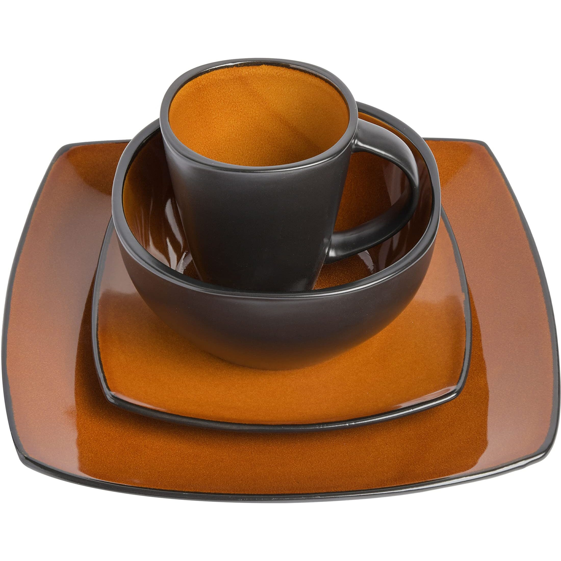 Gibson Soho Lounge Square Reactive Glaze Stoneware Dinnerware Set  Service For 4 (16Pc)  Amber