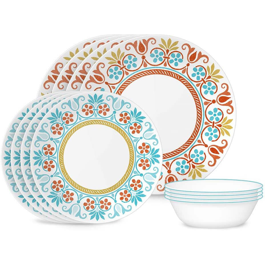 Corelle Global Collection Vitrelle 12-Piece Dinnerware Set  Triple Layer Recycled Glass  Lightweight Eco-Friendly Round Plates And Bowls Set  Terracotta Dreams