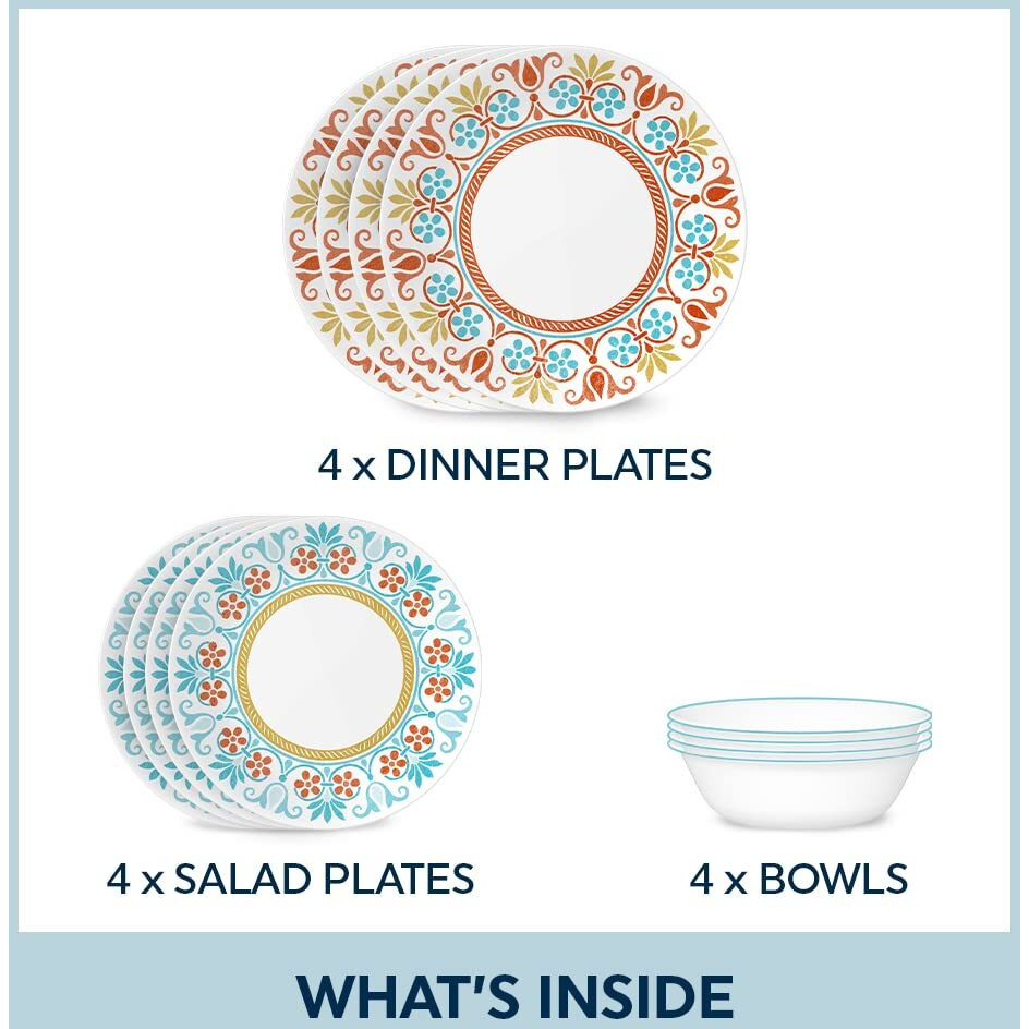 Corelle Global Collection Vitrelle 12-Piece Dinnerware Set  Triple Layer Recycled Glass  Lightweight Eco-Friendly Round Plates And Bowls Set  Terracotta Dreams