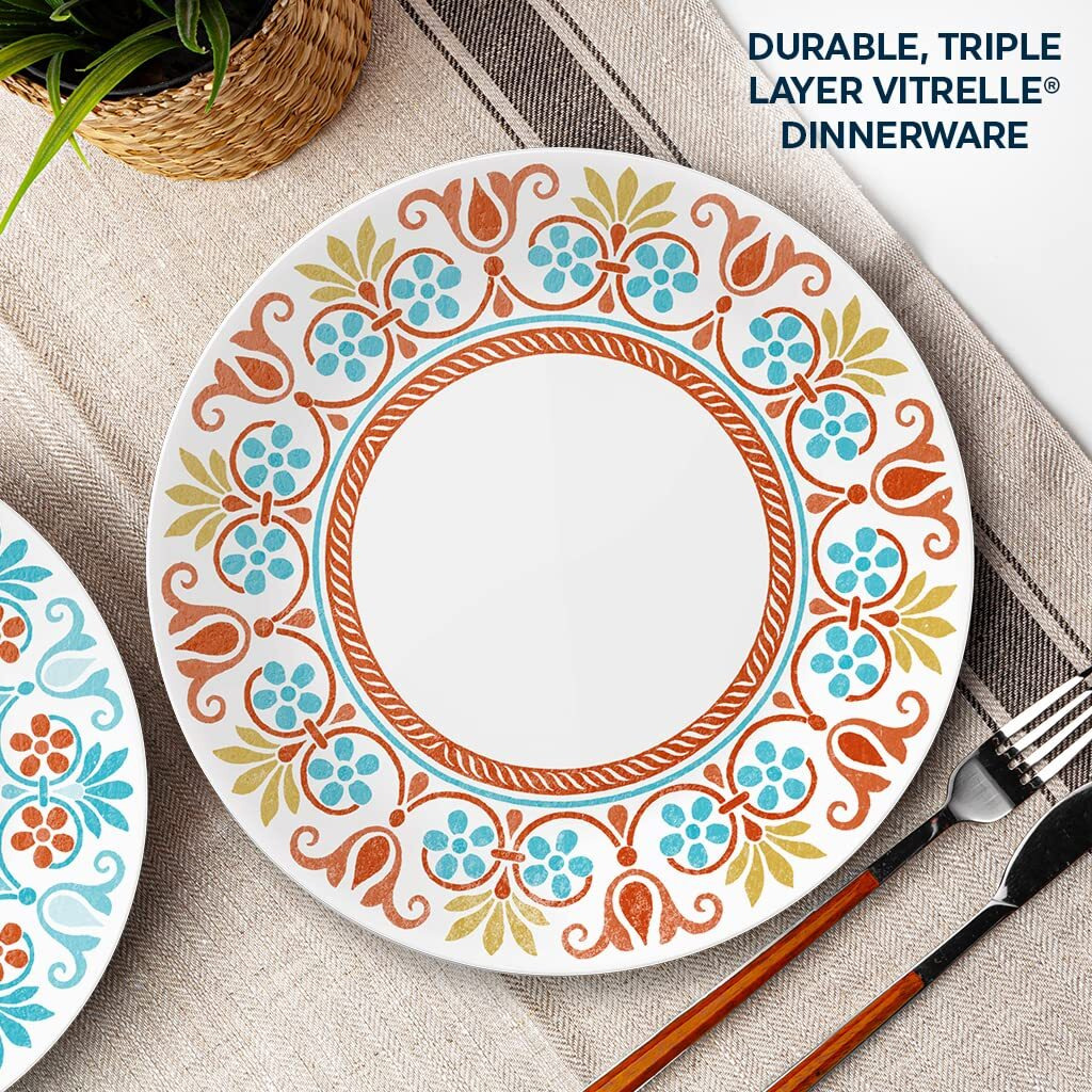 Corelle Global Collection Vitrelle 12-Piece Dinnerware Set  Triple Layer Recycled Glass  Lightweight Eco-Friendly Round Plates And Bowls Set  Terracotta Dreams