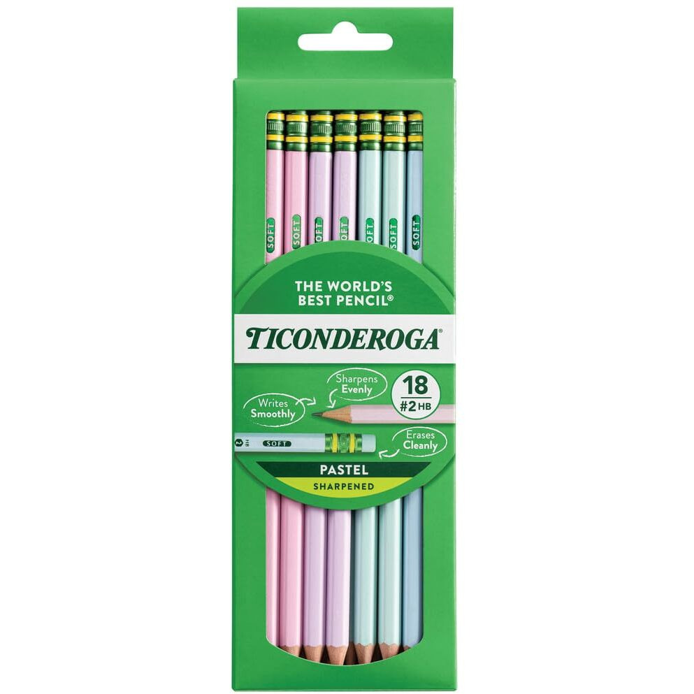 Ticonderoga Wood-Cased Pencils  Pre-Sharpened  2 Hb Soft  Pastel Colors  18 Count