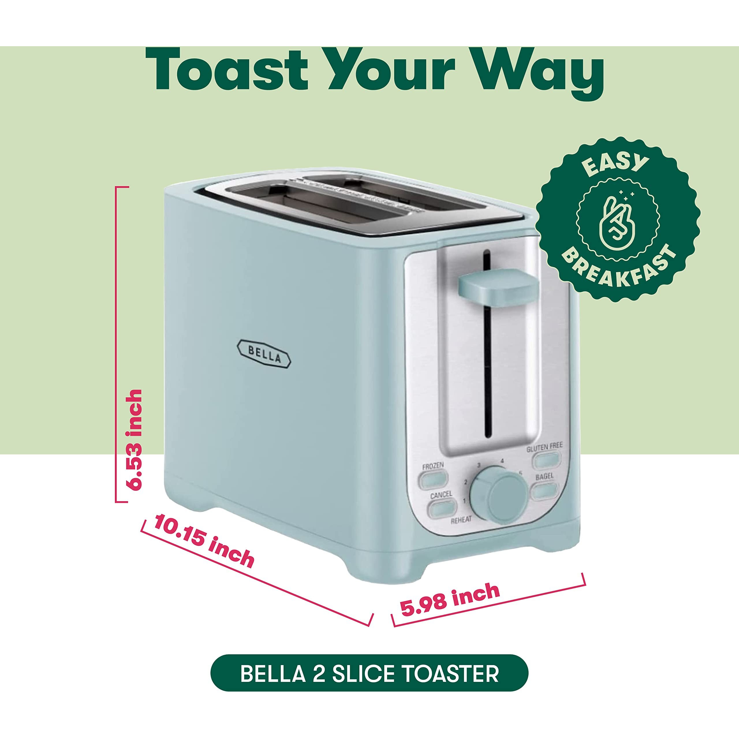 Bella 2 Slice Toaster With Auto Shut Off - Extra Wide Slots & Removable Crumb Tray And Cancel  Defrost & Reheat Function - Toast Bread  Bagel & Waffle  Aqua