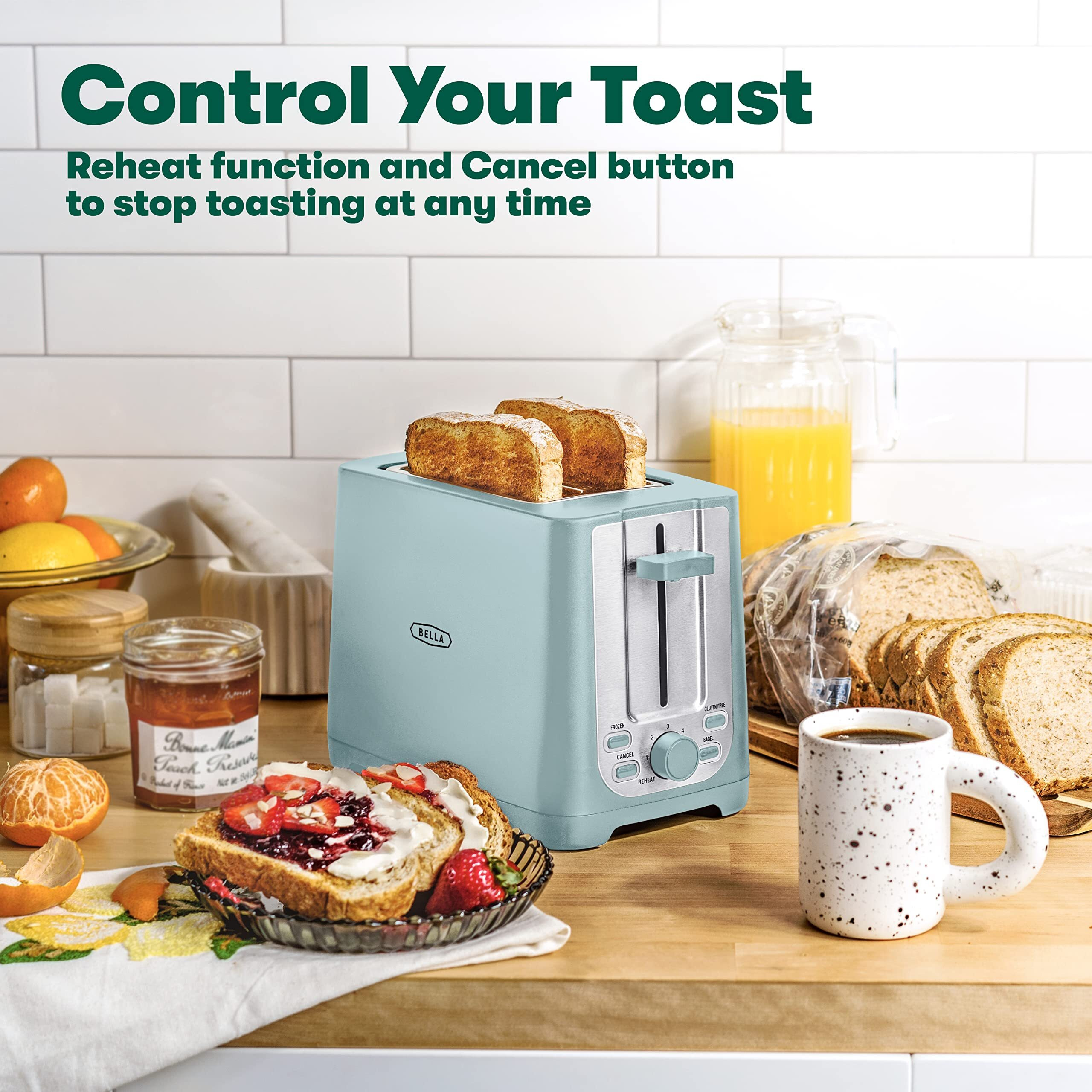 Bella 2 Slice Toaster With Auto Shut Off - Extra Wide Slots & Removable Crumb Tray And Cancel  Defrost & Reheat Function - Toast Bread  Bagel & Waffle  Aqua