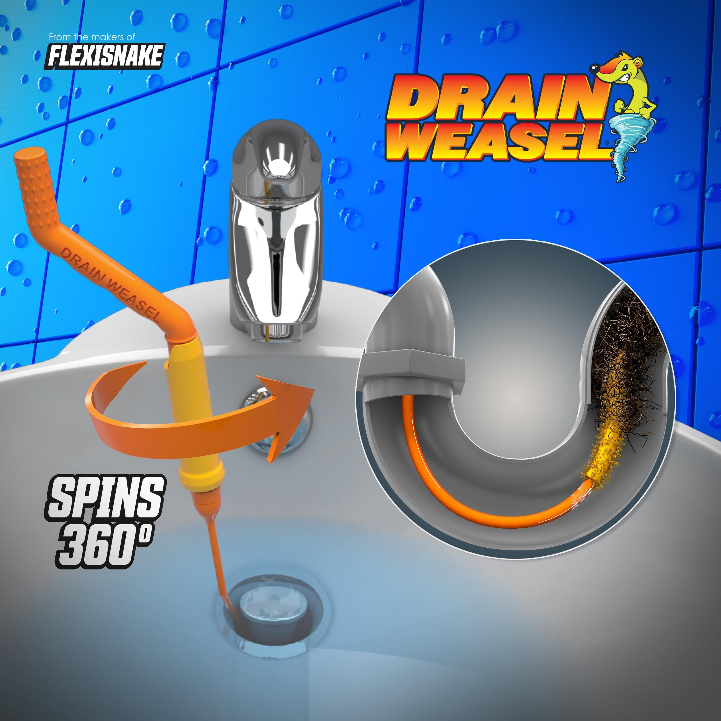 Flexisnake Drain Weasel Sink Snake Hair Clog Remover Tool Kit  Sink  Pipe  Bathroom  Bathtub Drain Cleaner  18-Inch Long  Flexible  Made In The Usa  3 Pack Wand Refills And Removable Handle