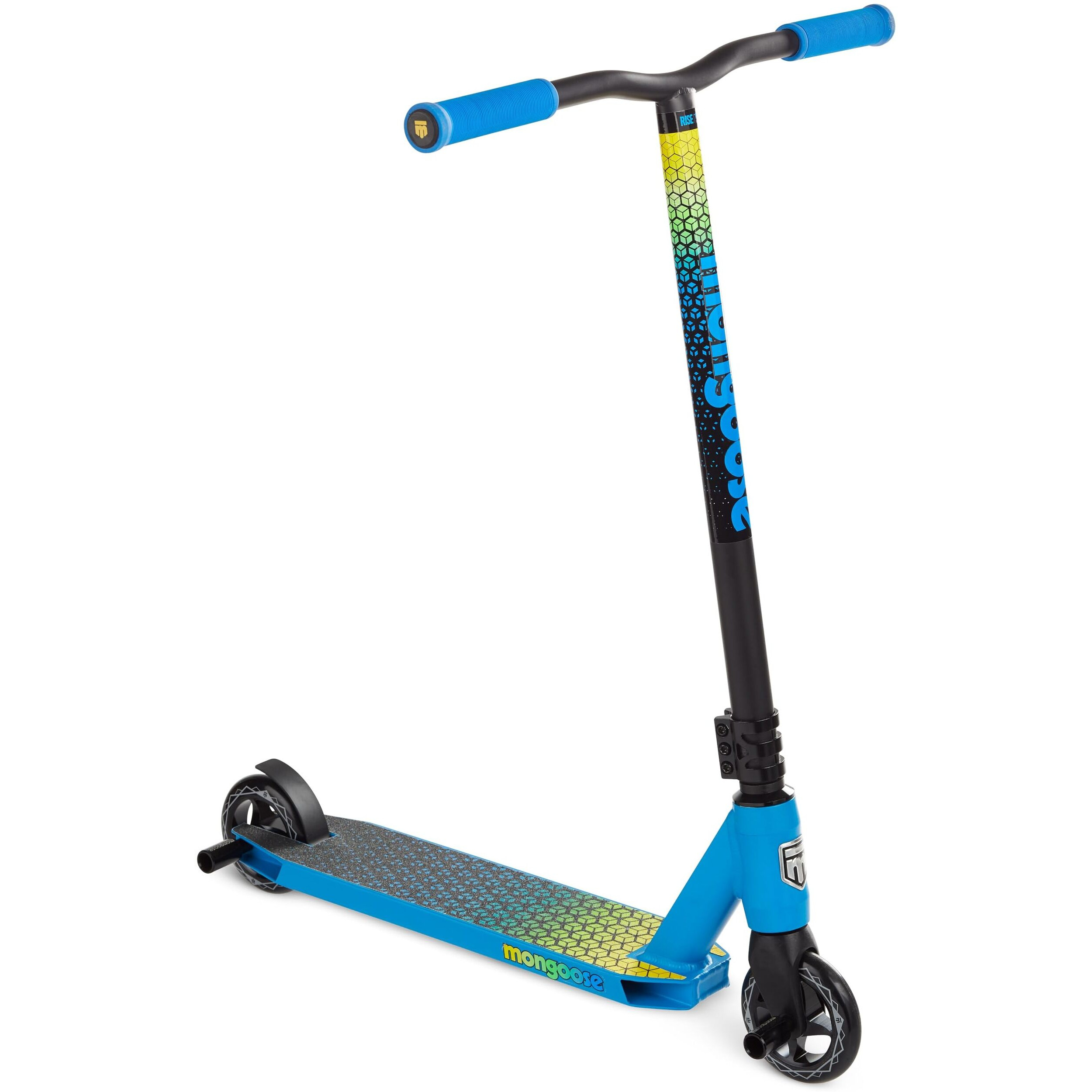 Mongoose Rise 110 Elite Freestyle Stunt Trick Scooter  Lightweight Alloy Deck & Heavy-Duty Frame Up To 220 Lbs.  Bike-Style Grip  Wheel Pegs Included  Blue/Yellow