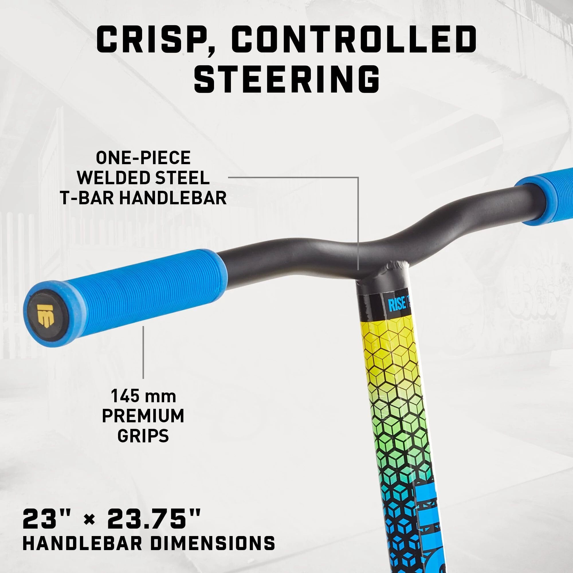 Mongoose Rise 110 Elite Freestyle Stunt Trick Scooter  Lightweight Alloy Deck & Heavy-Duty Frame Up To 220 Lbs.  Bike-Style Grip  Wheel Pegs Included  Blue/Yellow
