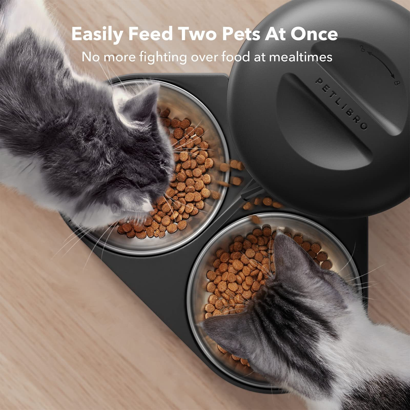 Petlibro Automatic Cat Food Dispenser For Two Cats 5L Auto Cat Feeder Dry Food Dispenser With Splitter & 2 Stainless Bowls  10S Meal Call And Timer Setting 50 Portions 6 Meals Per Day For Cat And Dog