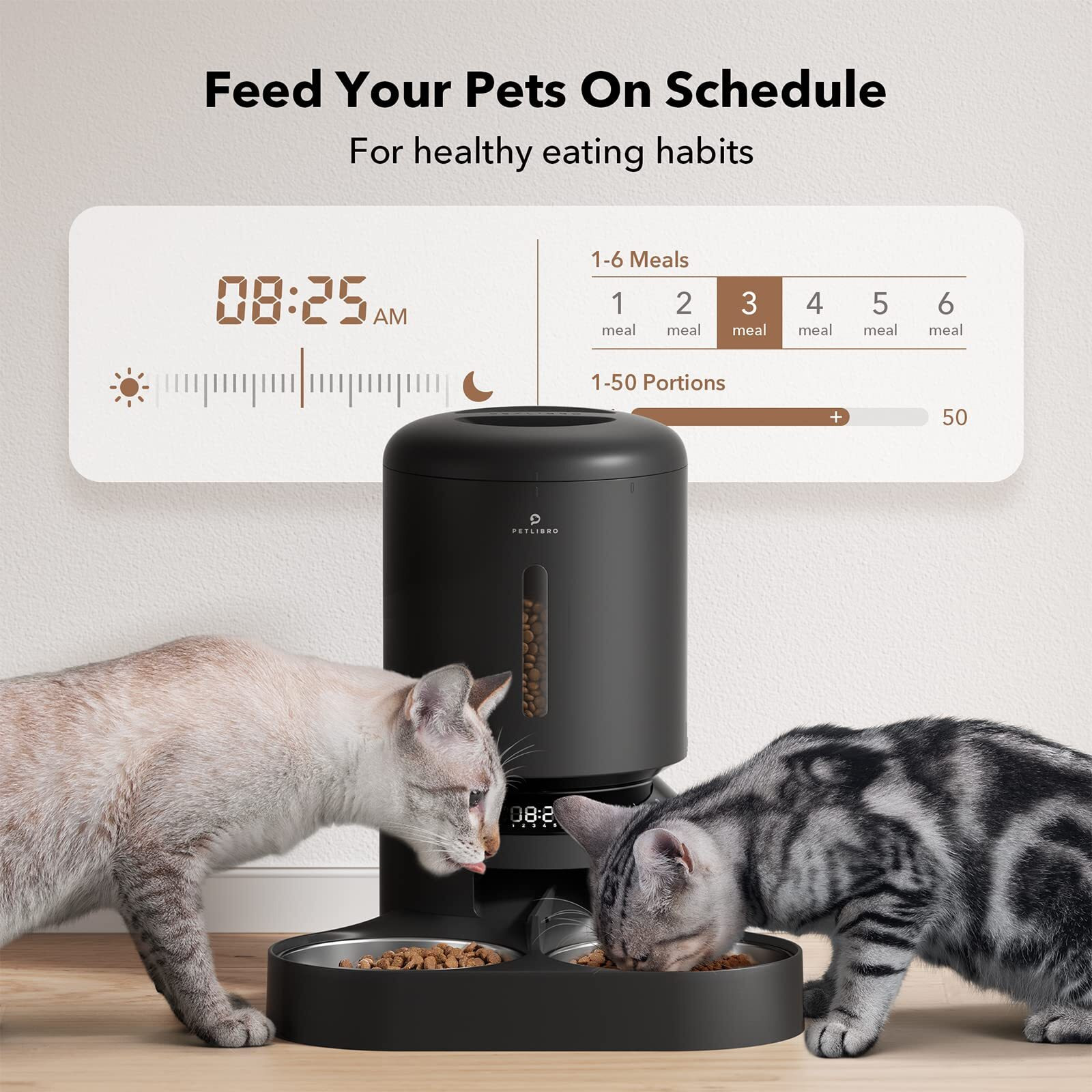 Petlibro Automatic Cat Food Dispenser For Two Cats 5L Auto Cat Feeder Dry Food Dispenser With Splitter & 2 Stainless Bowls  10S Meal Call And Timer Setting 50 Portions 6 Meals Per Day For Cat And Dog