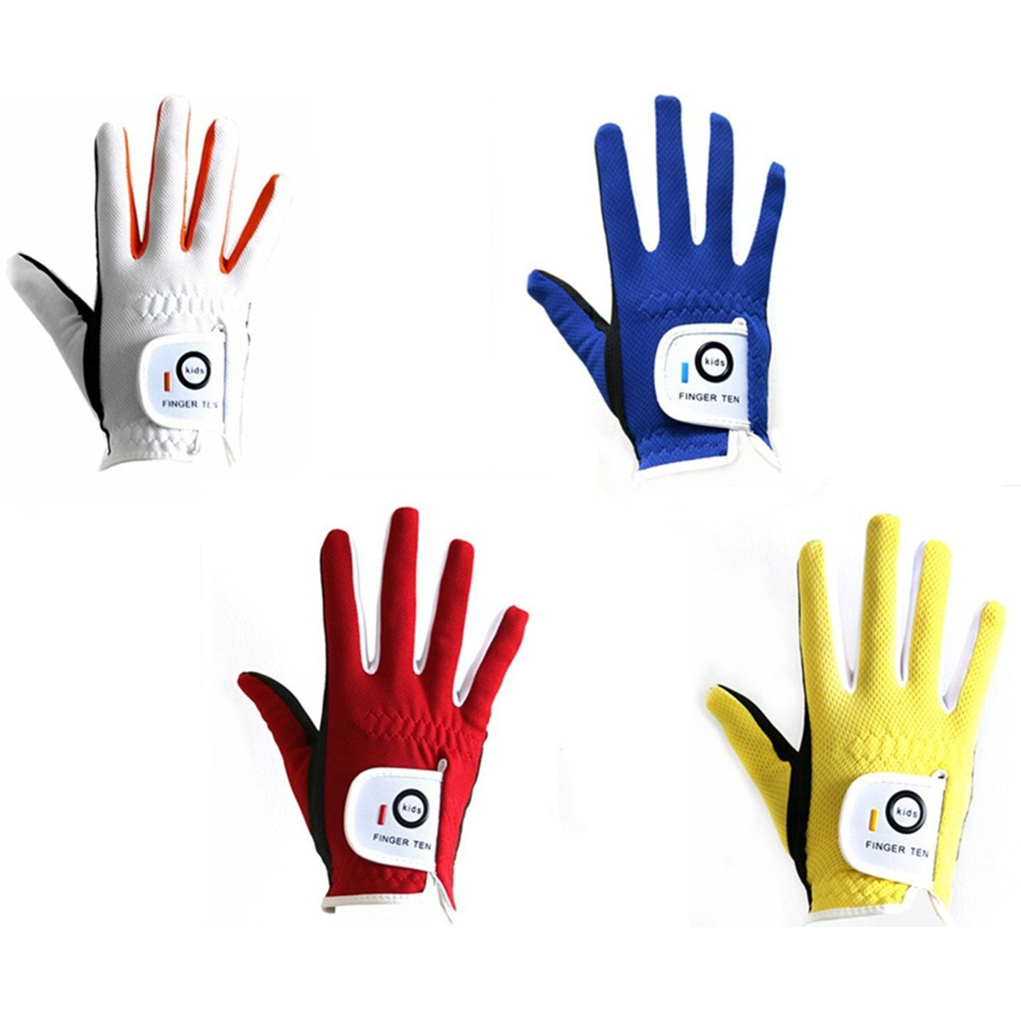 Finger Ten Junior Kids Dura Feel White Blue Red Yellow Golf Gloves Extra Value 2 Pack (Small Blue  Right)