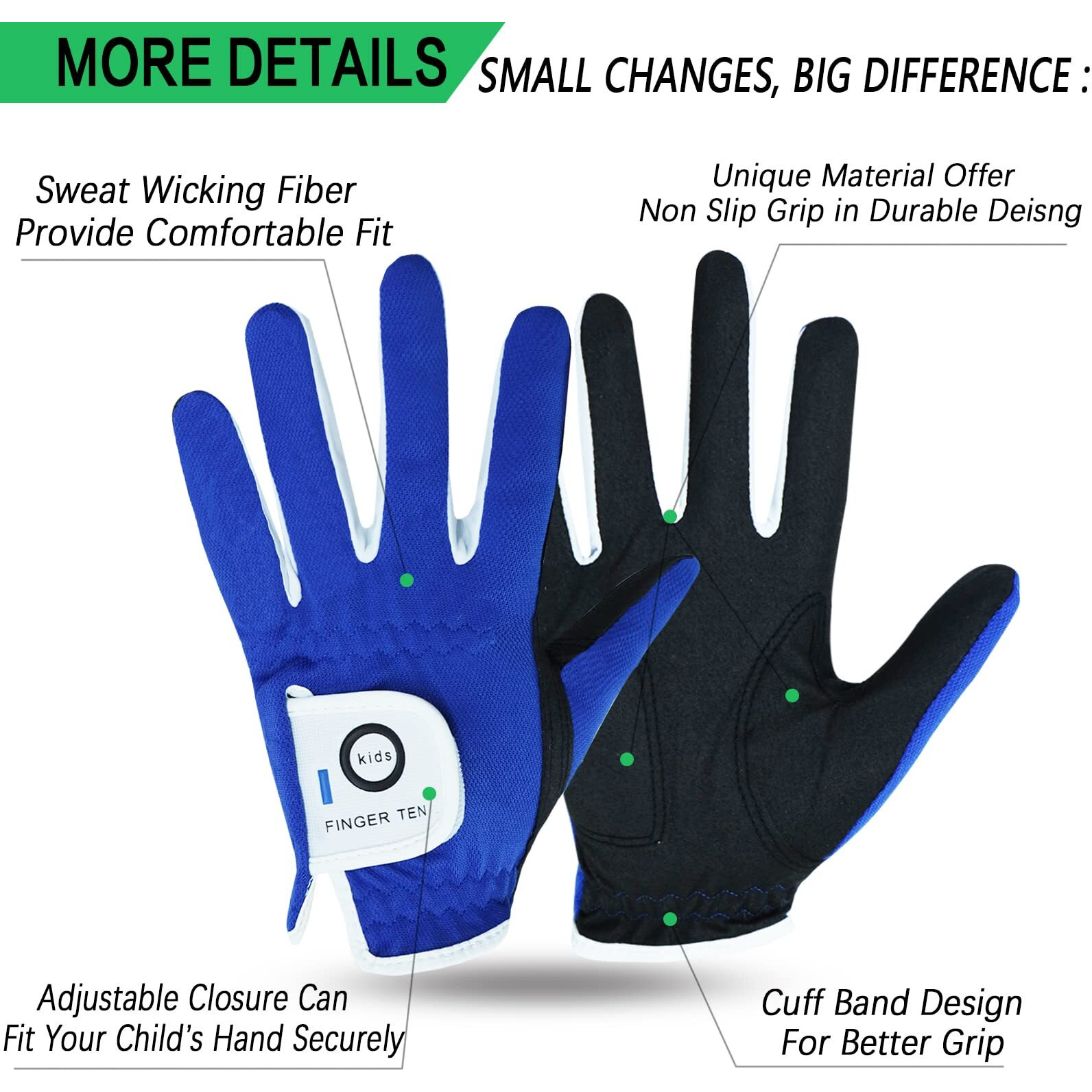 Finger Ten Junior Kids Dura Feel White Blue Red Yellow Golf Gloves Extra Value 2 Pack (Small Blue  Right)