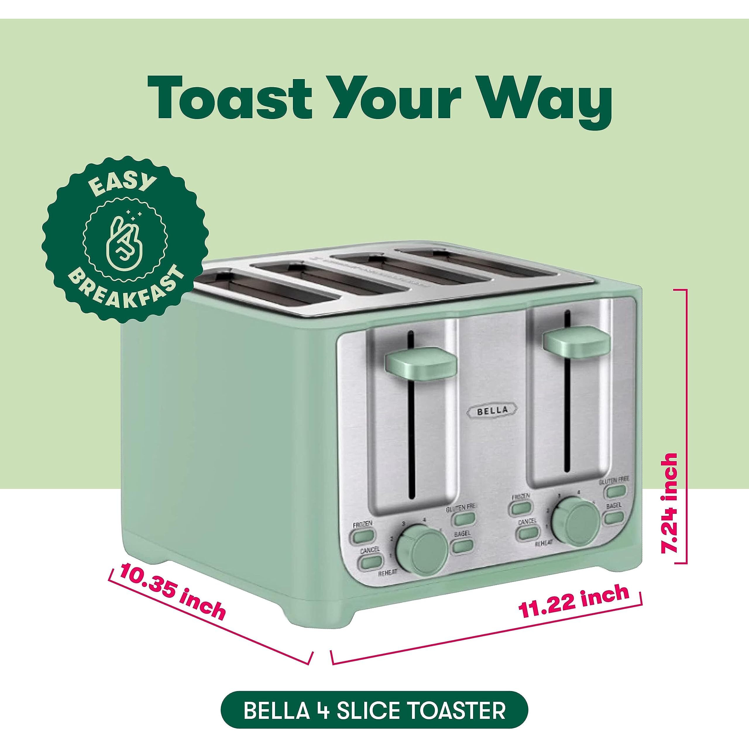 Bella 4 Slice Toaster With Auto Shut Off - Extra Wide Slots & Removable Crumb Tray And Cancel  Defrost & Reheat Function - Toast Bread & Bagel  Sage
